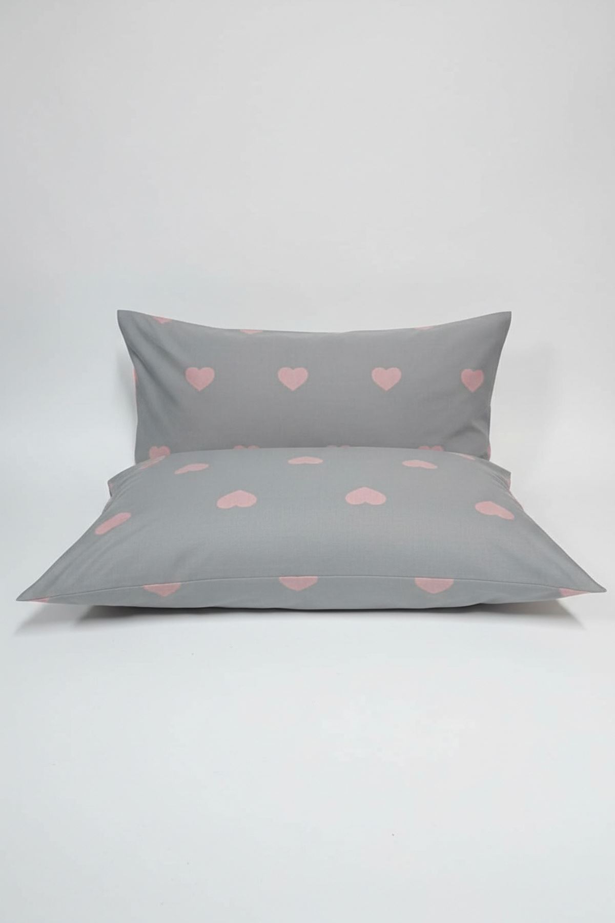 Pamuklu Kalp Desen Yastık Kılıfı Gri