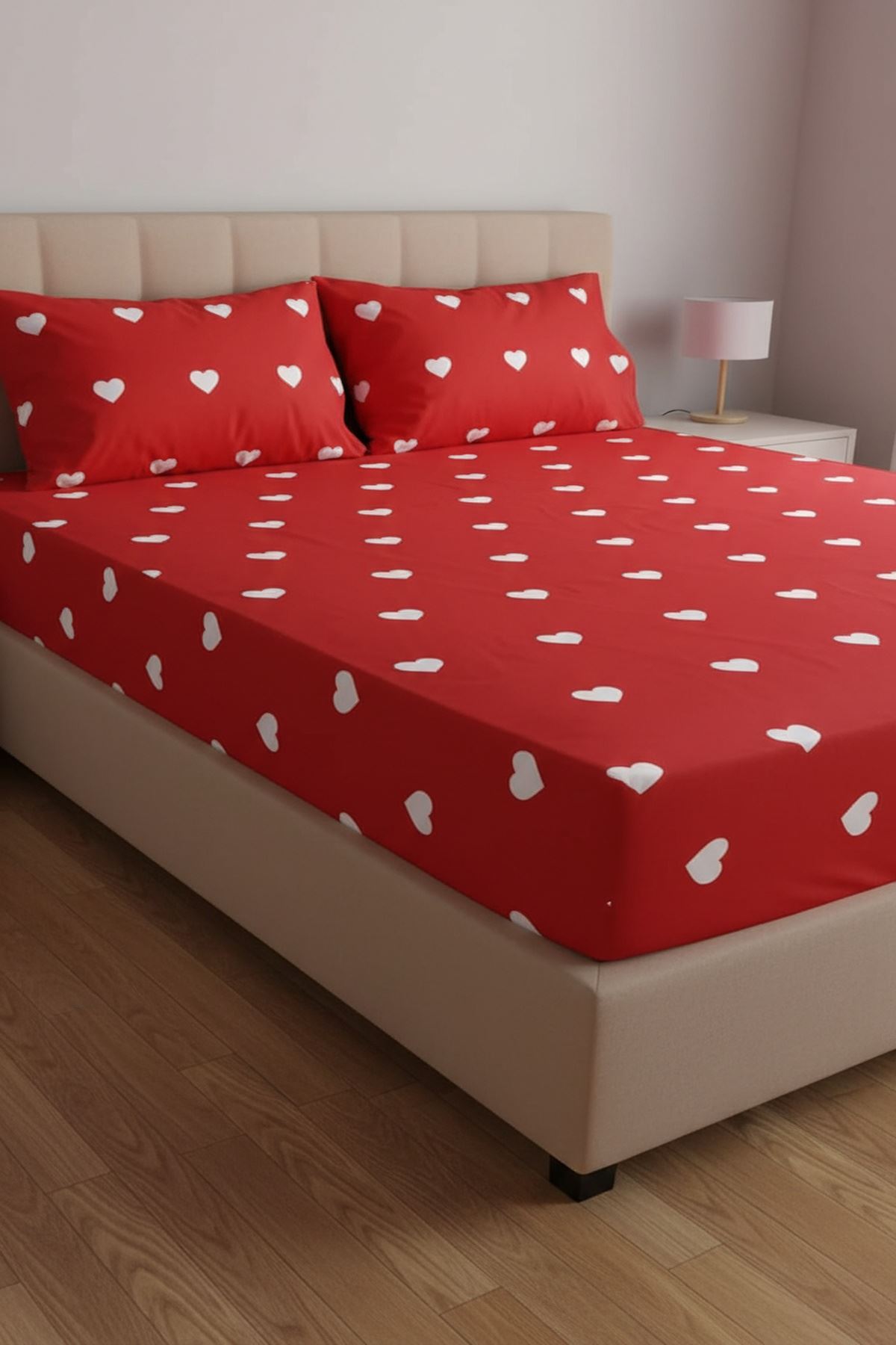 PAMUKLU KALP DESEN ÇİFT KİŞİLİK LASTİKLİ ÇARŞAF TAKIMI KIRMIZI