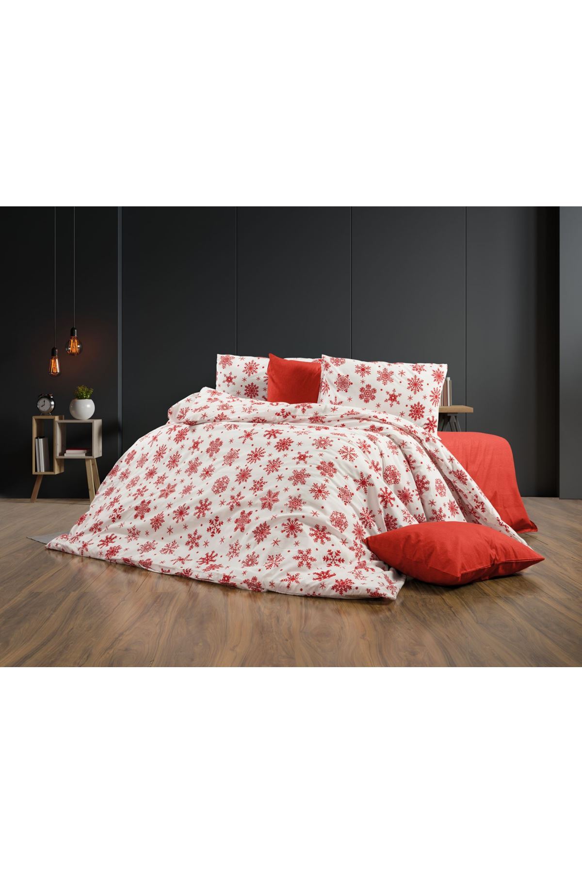 180 X 200 Battal Boy Lastikli Çarşaf Kar Desen Nevresim Takımı Beyaz