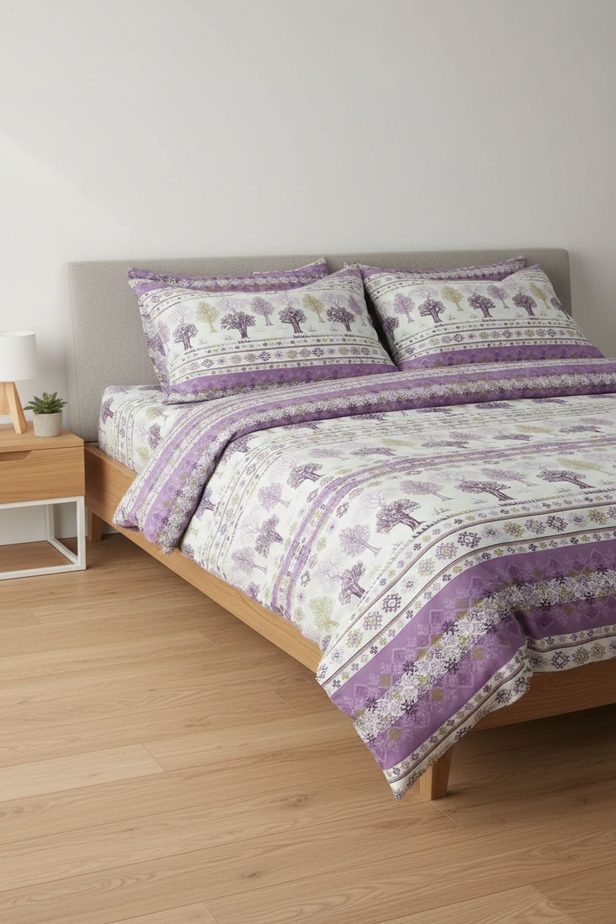 180 X 200 Battal Boy Lastikli Çarşaf Ağaç Desen Nevresim Takımı Mor