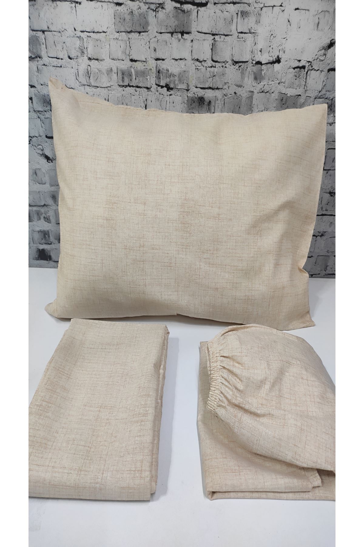 180 X 200 Battal Boy Lastikli Çarşaf Düz Renk Nevresim Takımı Krem