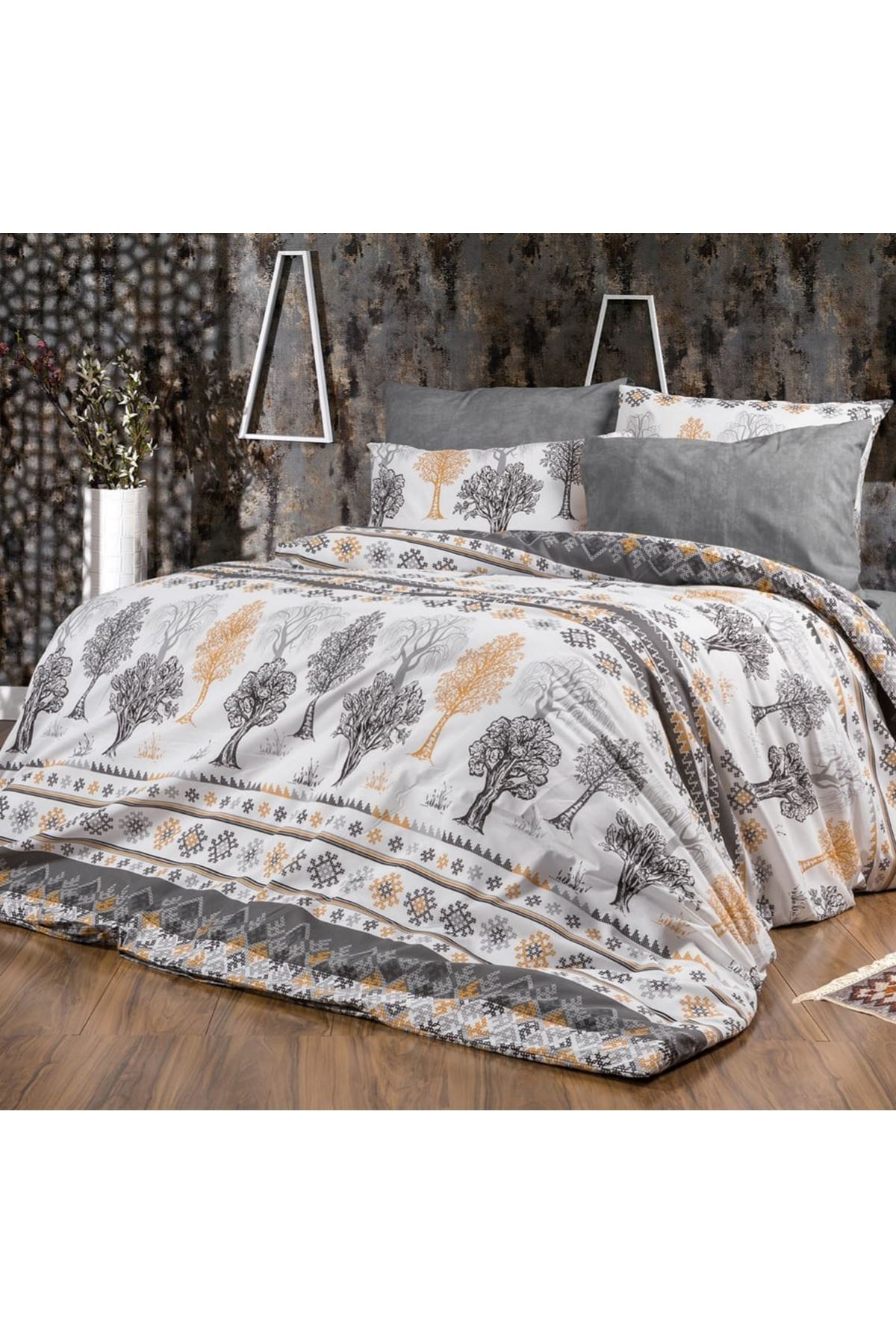 180 X 200 Battal Boy Lastikli Çarşaf Ağaç Desen Nevresim Takımı Gri