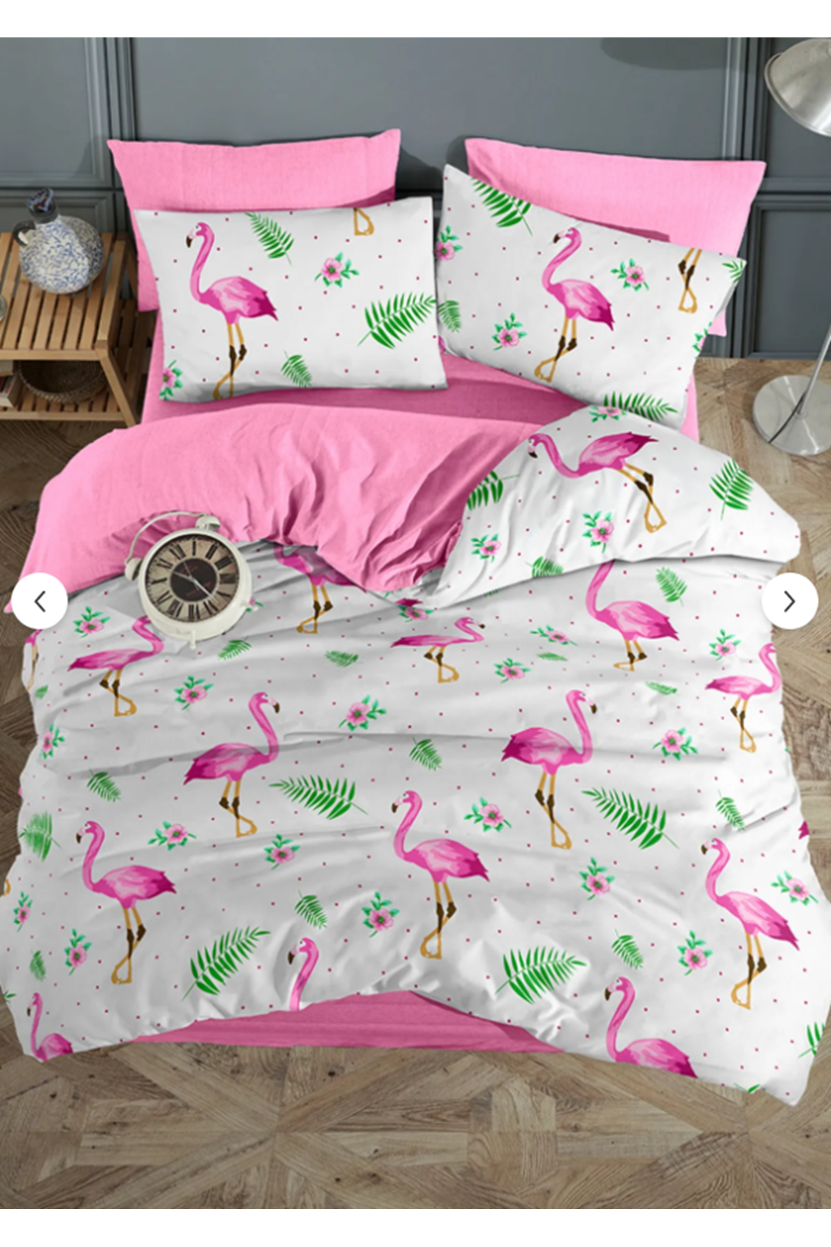 180 X 200 Battal Boy Lastikli Çarşaf Nevresim Takımı Pembe Flamingo