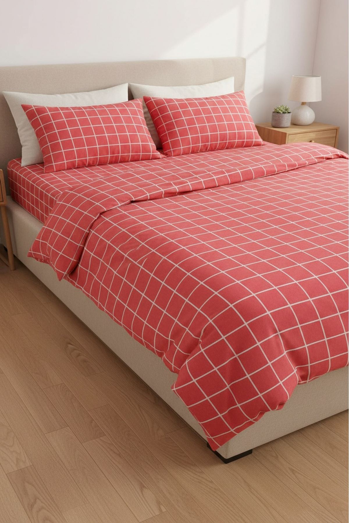 180 X 200 Battal Boy Lastikli Çarşaf Kareli Nevresim Takımı Kırmızı