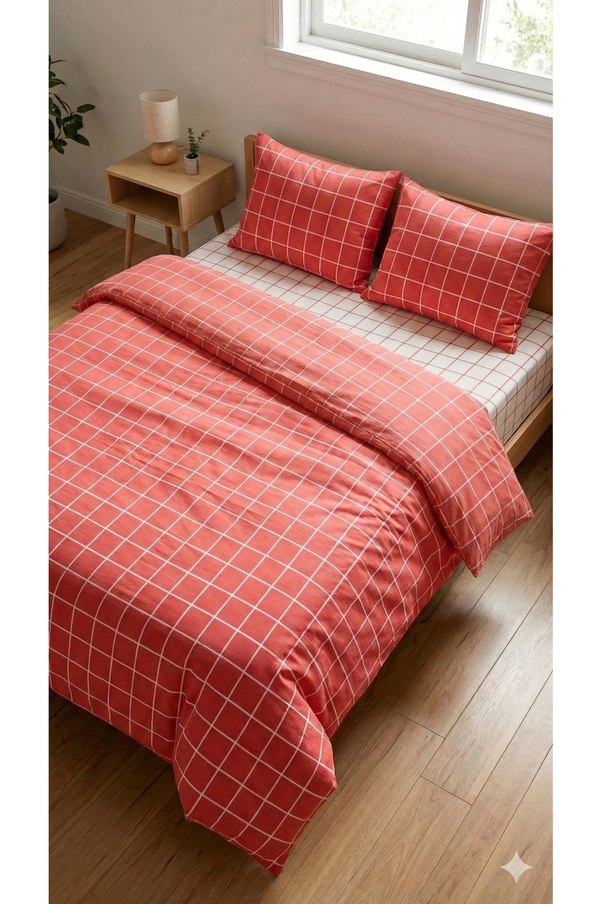 180 X 200 Battal Boy Lastikli Çarşaf Kareli Nevresim Takımı Kırmızı Çarşafı Beyaz