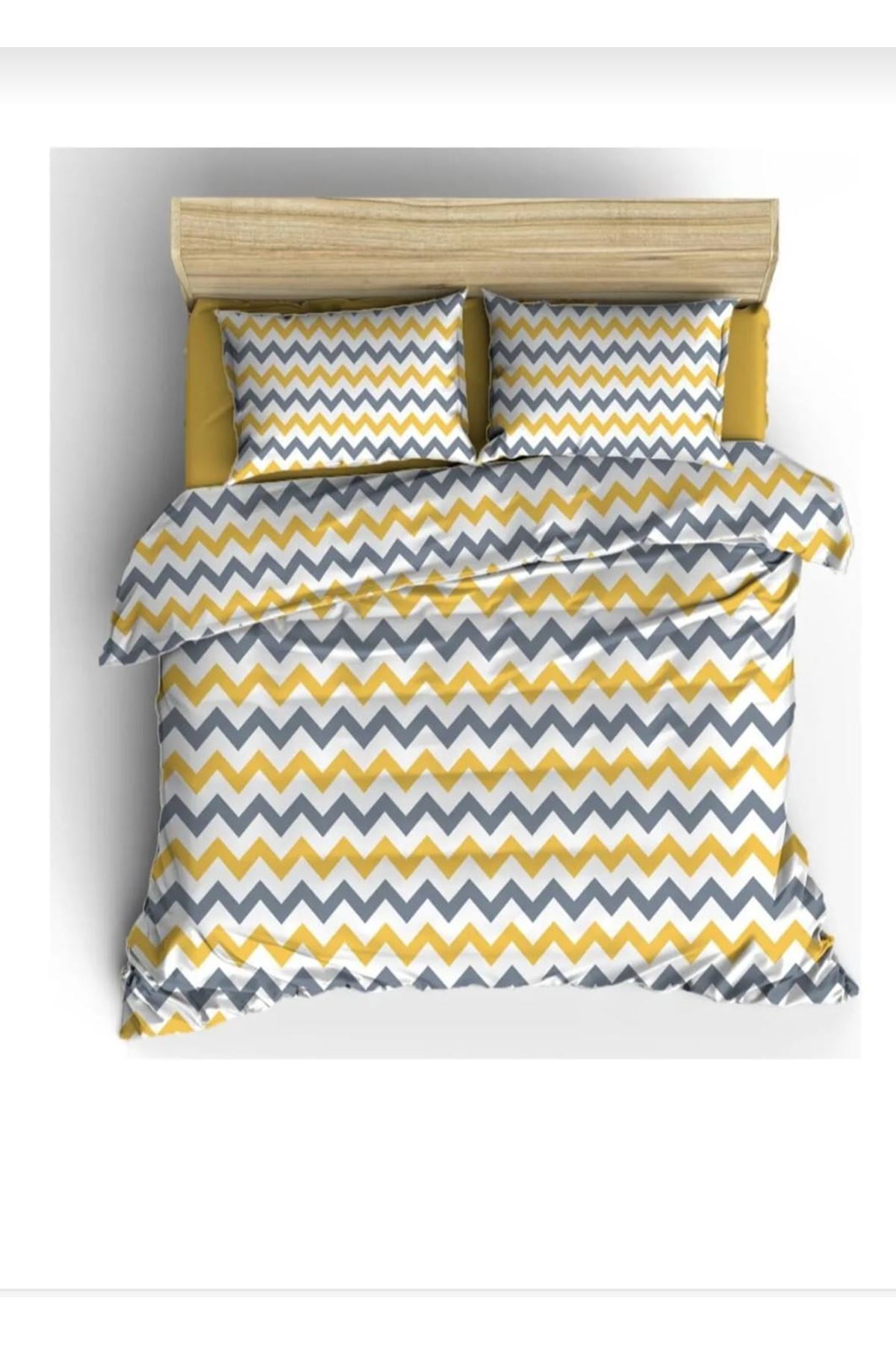 180 X 200 Battal Boy Lastikli Çarşaf Nevresim Takımı Sarı Zikzak