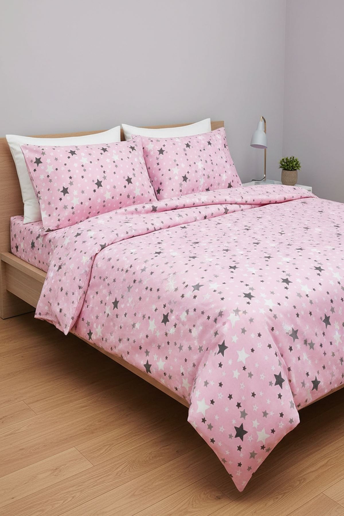 180 X 200 Battal Boy Lastikli Çarşaf Yıldız Desen Nevresim Takımı (Fitted) Pembe