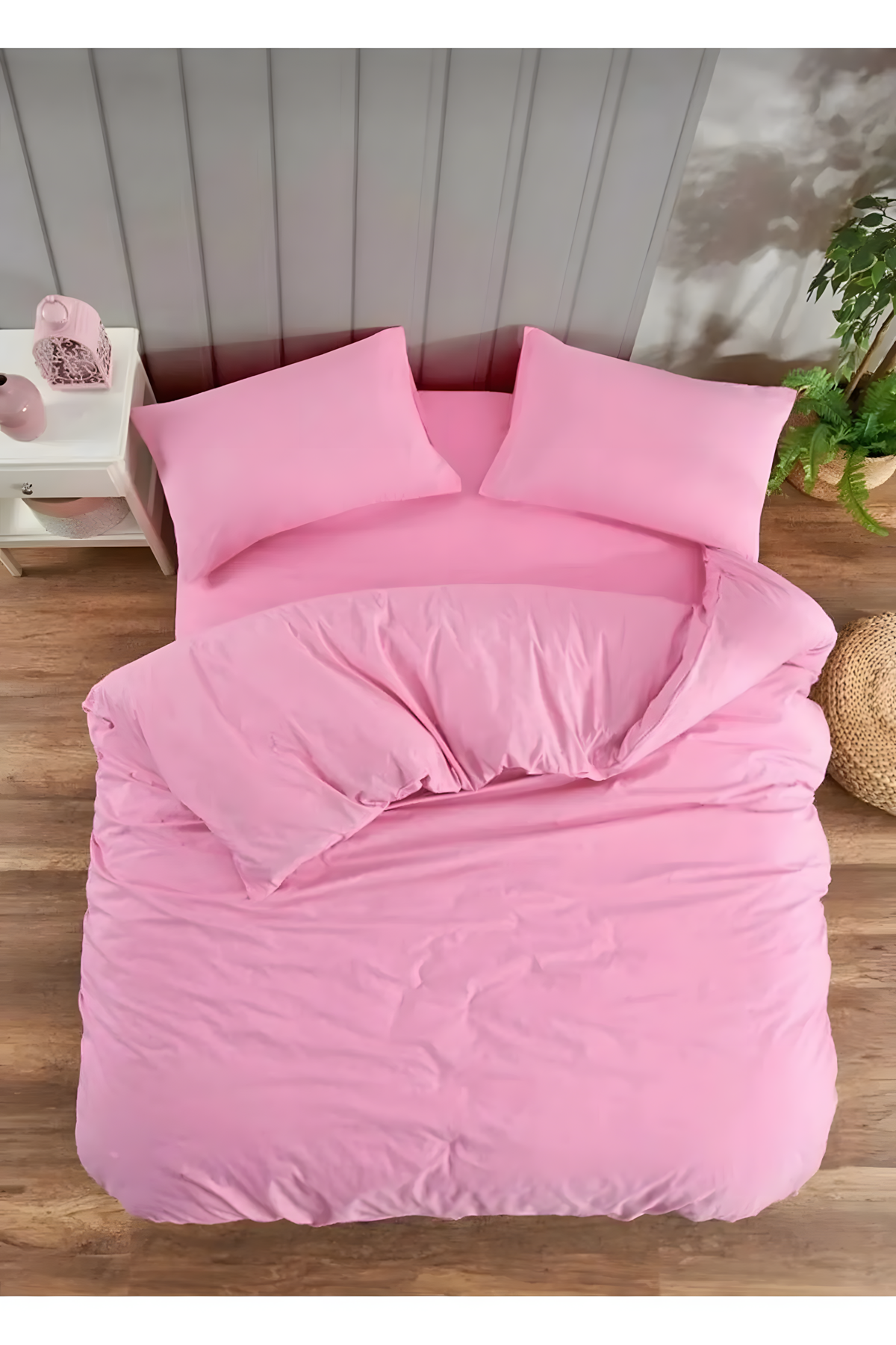 180 X 200 Battal Boy Lastikli Çarşaf Nevresim Takımı Düz Renk Pembe