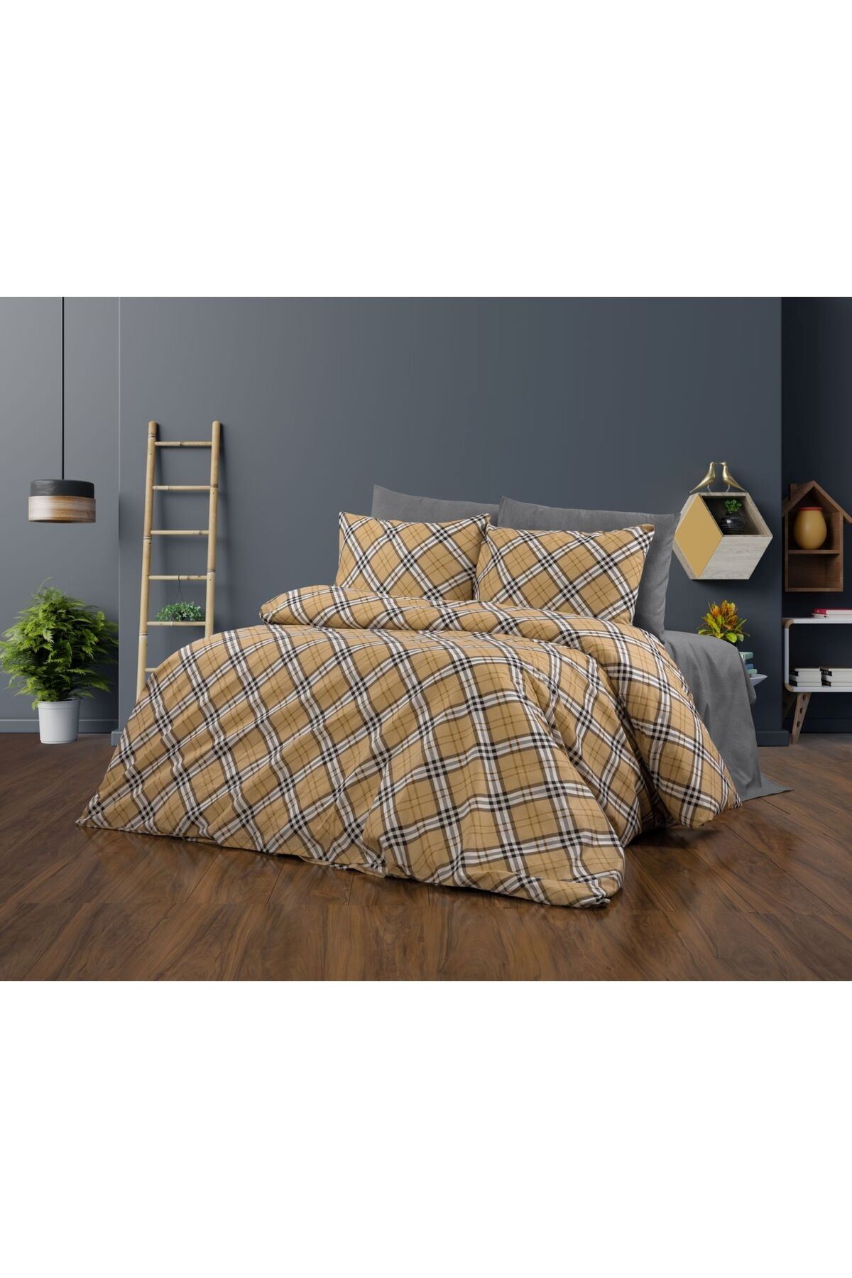 180 X 200 Battal Boy Lastikli Çarşaf Nevresim Takımı Yeni Kare Krem