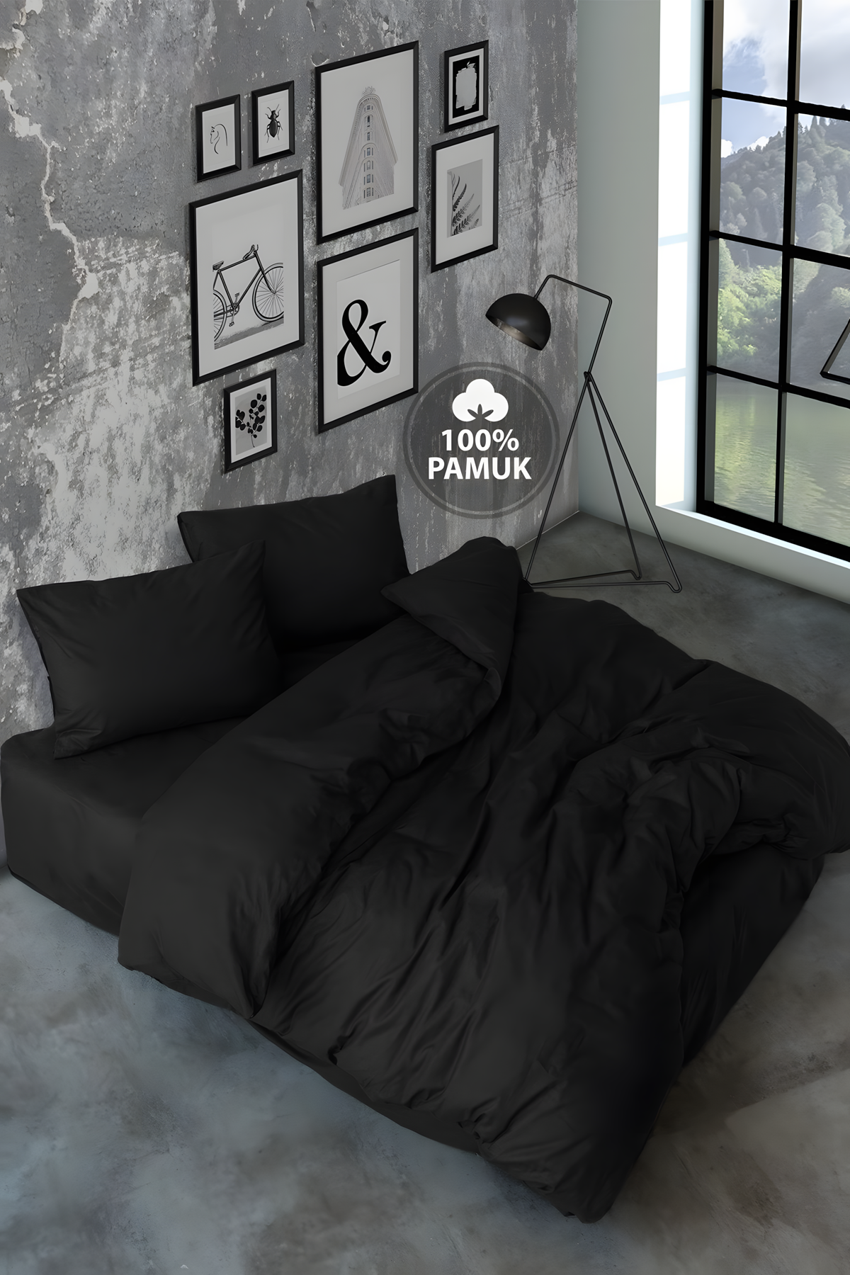 180 X 200 Battal Boy Lastikli Çarşaf Nevresim Takımı Simple Siyah