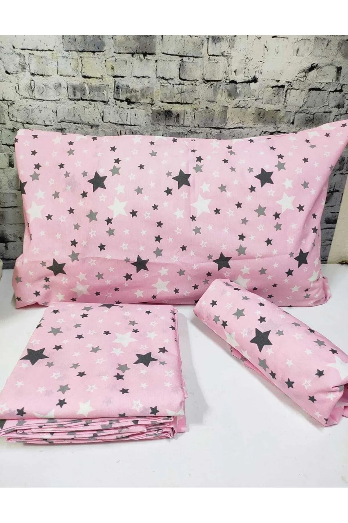 180 X 200 Battal Boy Lastikli Çarşaf Yıldız Desen Nevresim Takımı (Fitted) Pembe