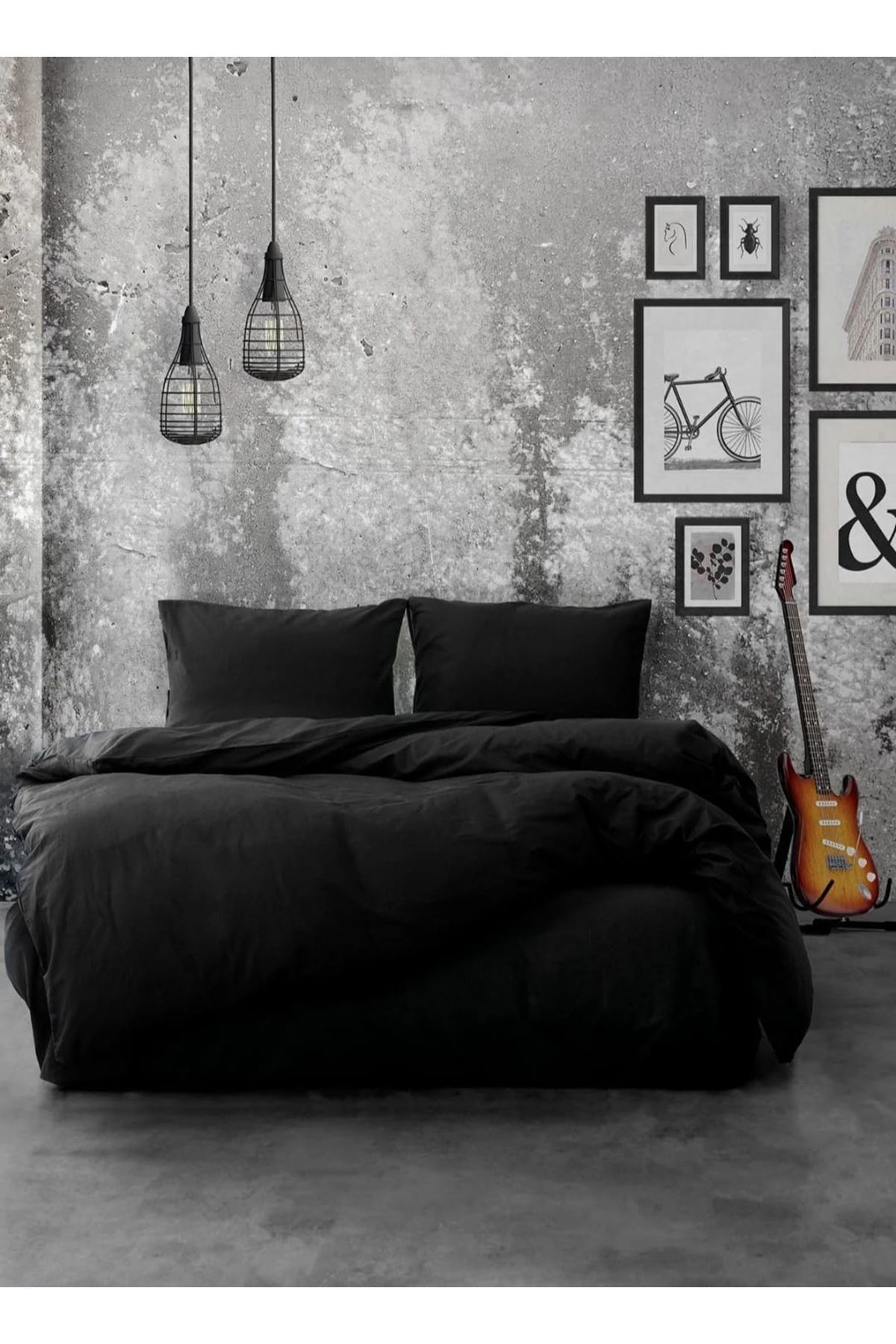 180 X 200 Battal Boy Lastikli Çarşaf Nevresim Takımı Simple Siyah