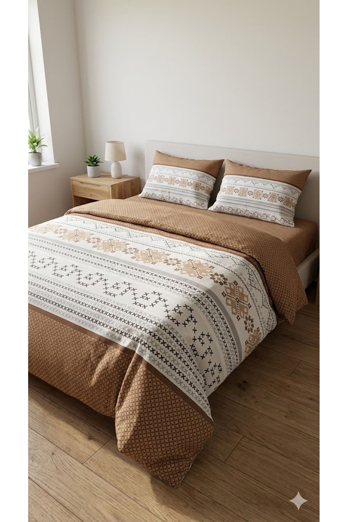 Çift Kişilik Kanaviçe Desen Pamuklu Lastikli Çarşaf Takımı Kahverengi