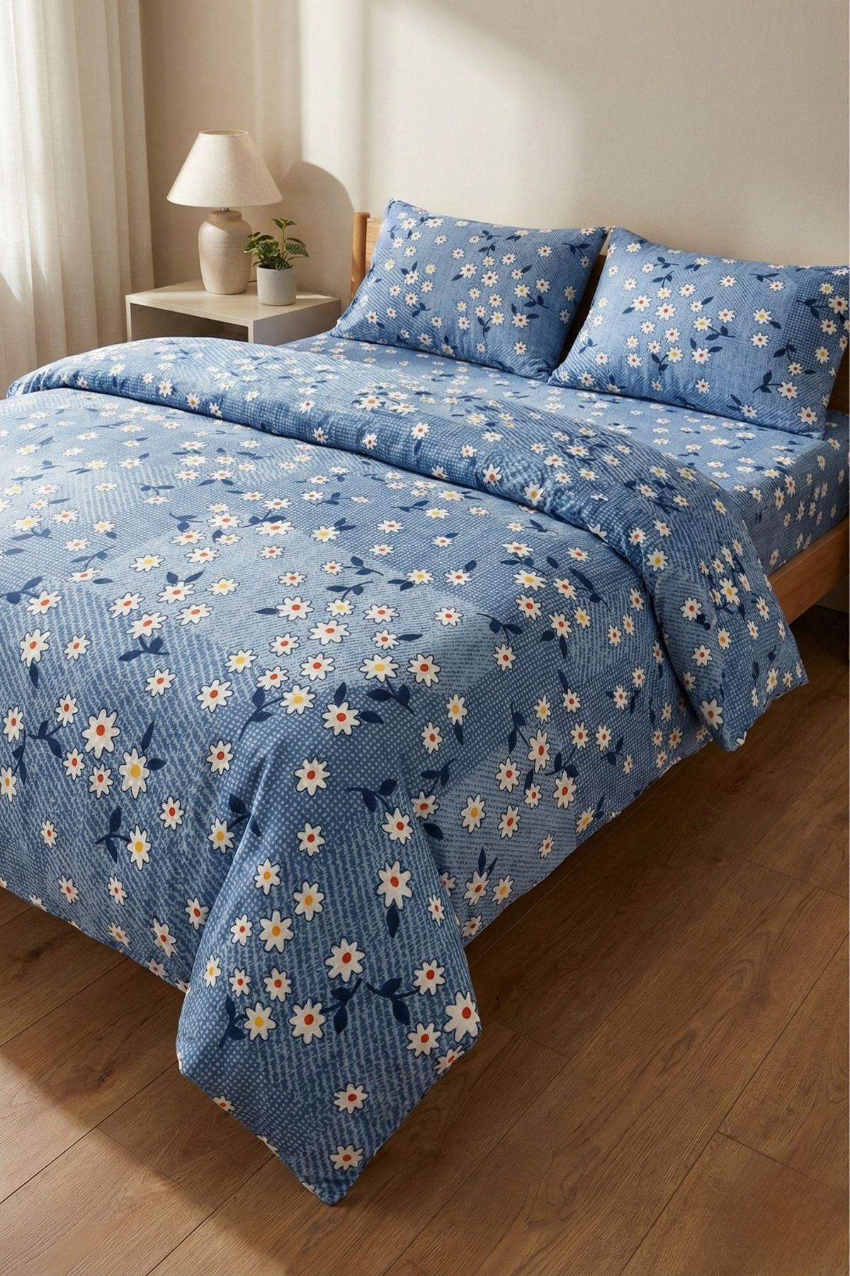 Pamuklu Kumaş Yeni Papatya Desen Tek Kişilik Nevresim Takımı Mavi