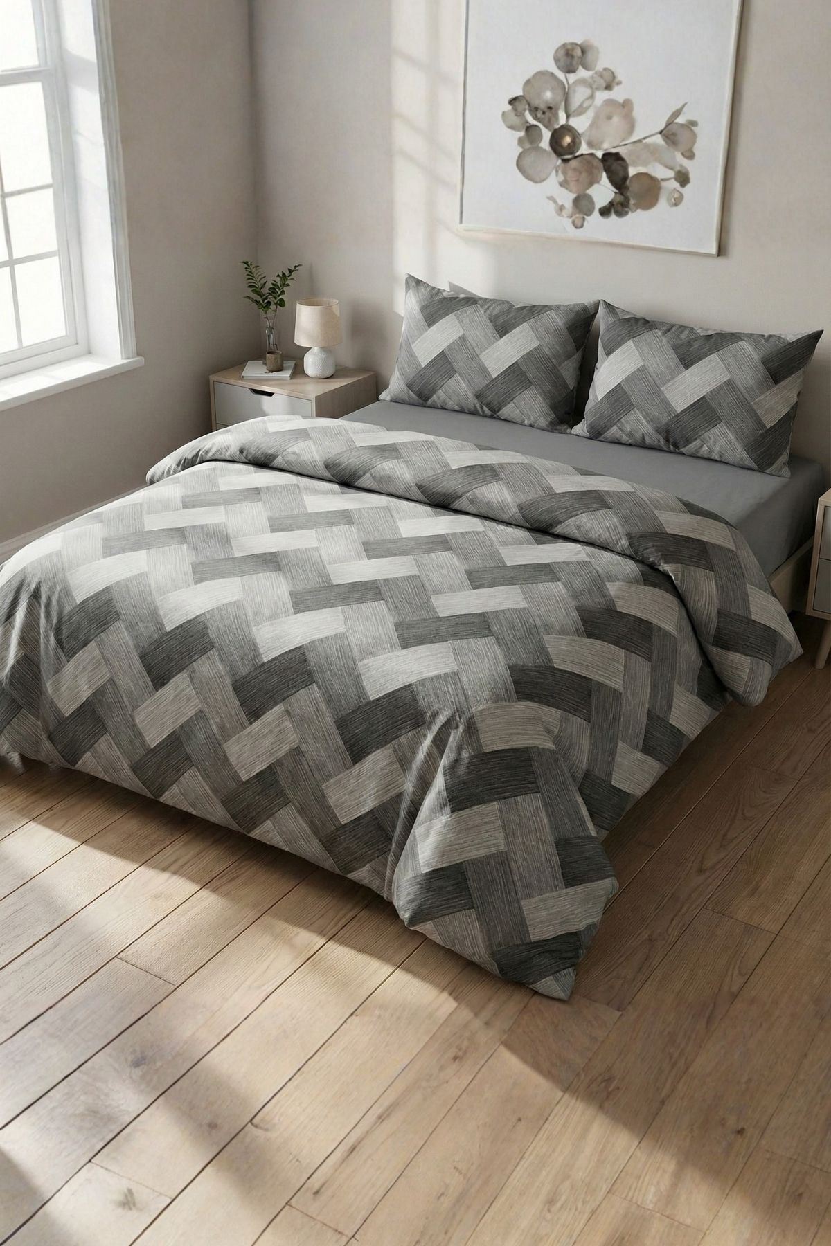 Pamuklu Yeni Zikzak Desen Çift Kişilik Nevresim Takım ( Çarşafı Lastikli ) Gri