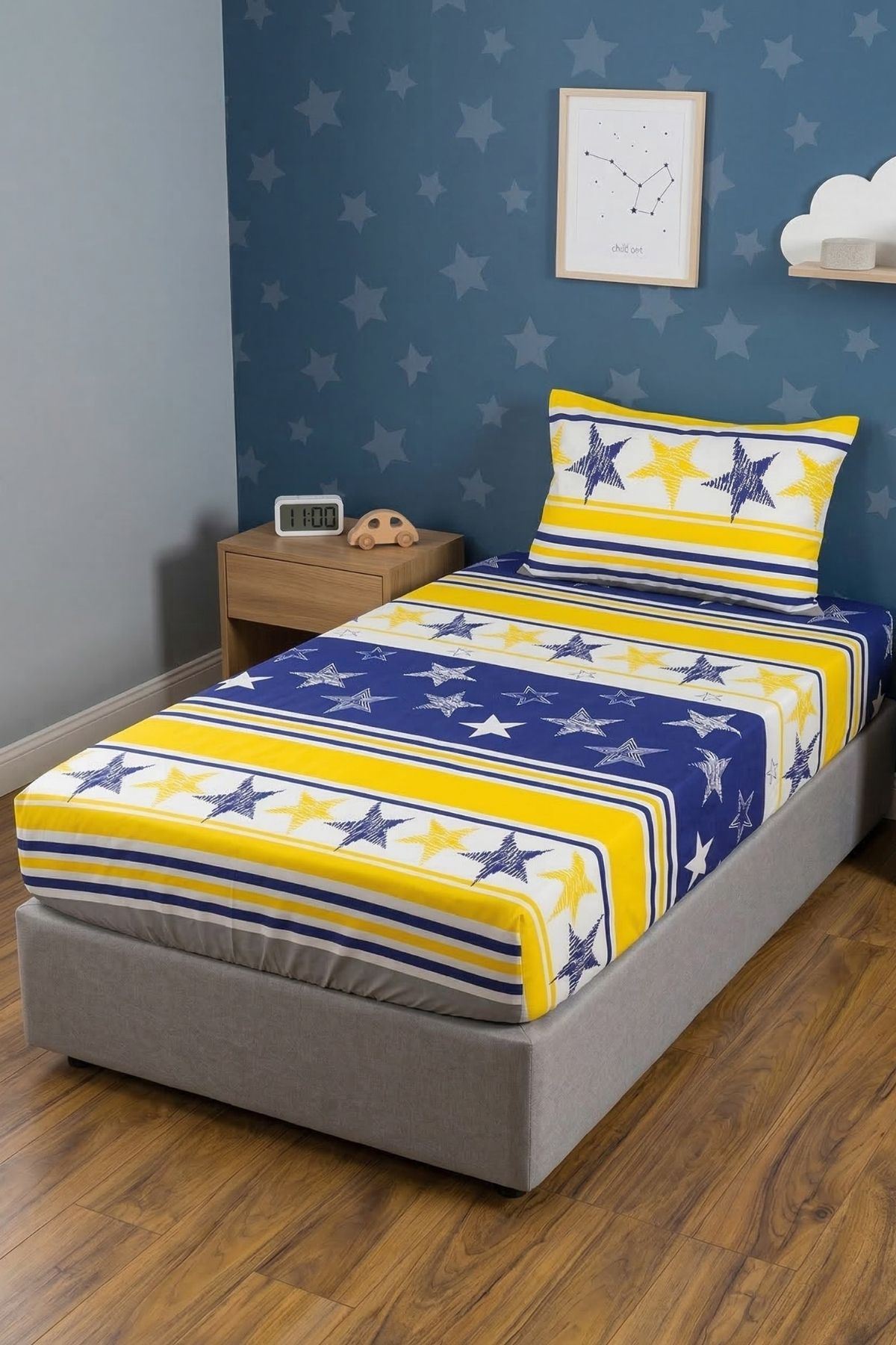 Taraftar Tek Kişilik Lastikli Çarşaf Takımı Sarı Lacivert