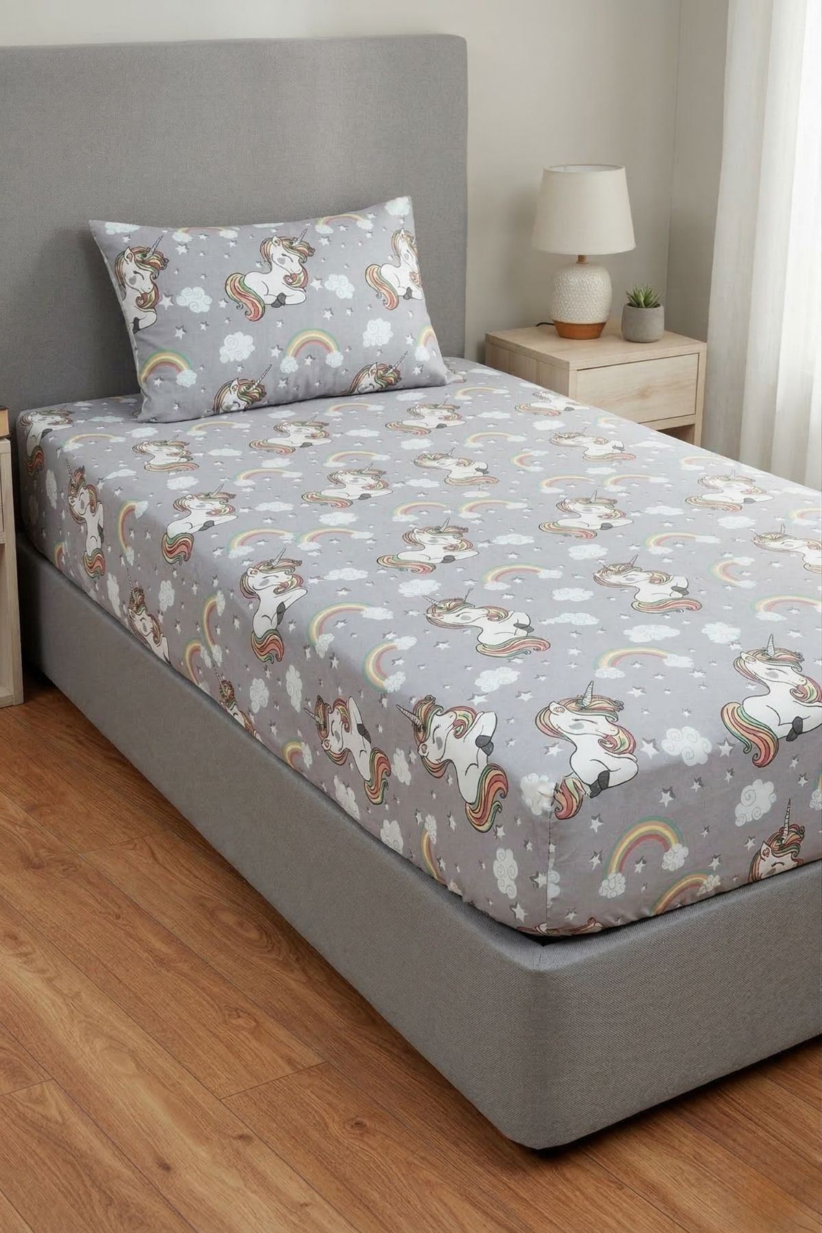 Unicorn Pamuklu Kumaş Lastikli Çarşaf Takımı Gri