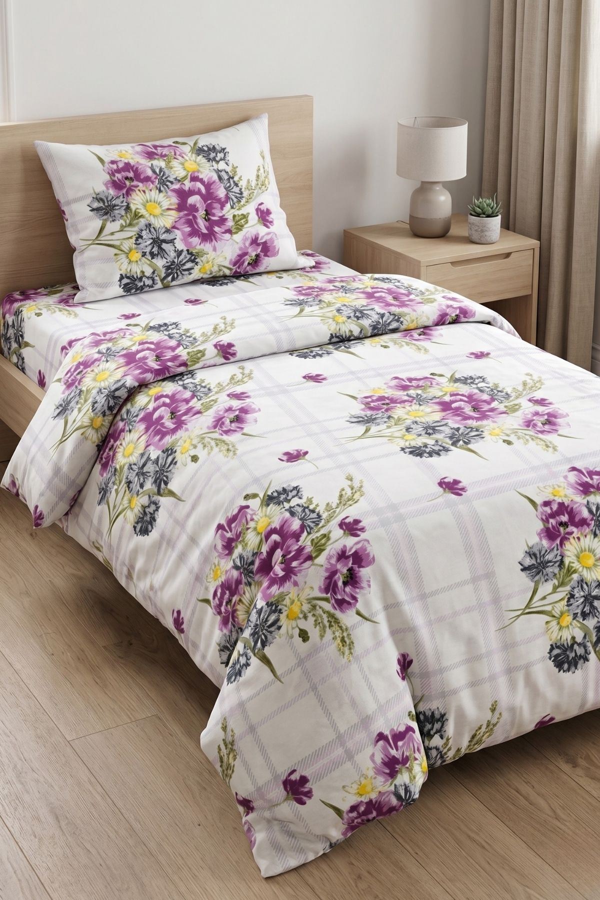 %100 Pamuk Kumaş Yeni Buket Desen Tek Kişilik Nevresim Takımı Mor