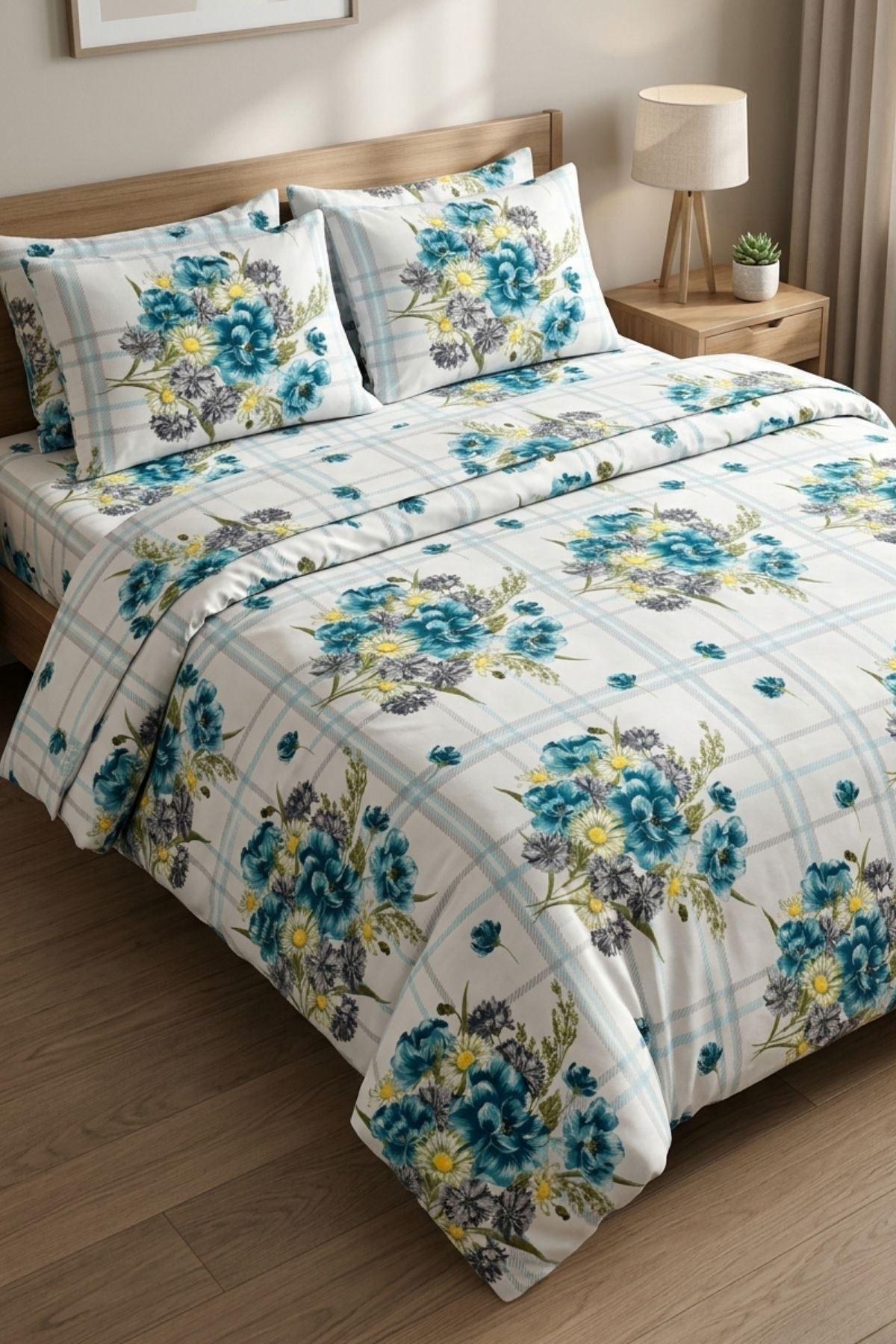 %100 Pamuk Kumaş Yeni Buket Desen Çift Kişilik Nevresim Takımı Turkuaz