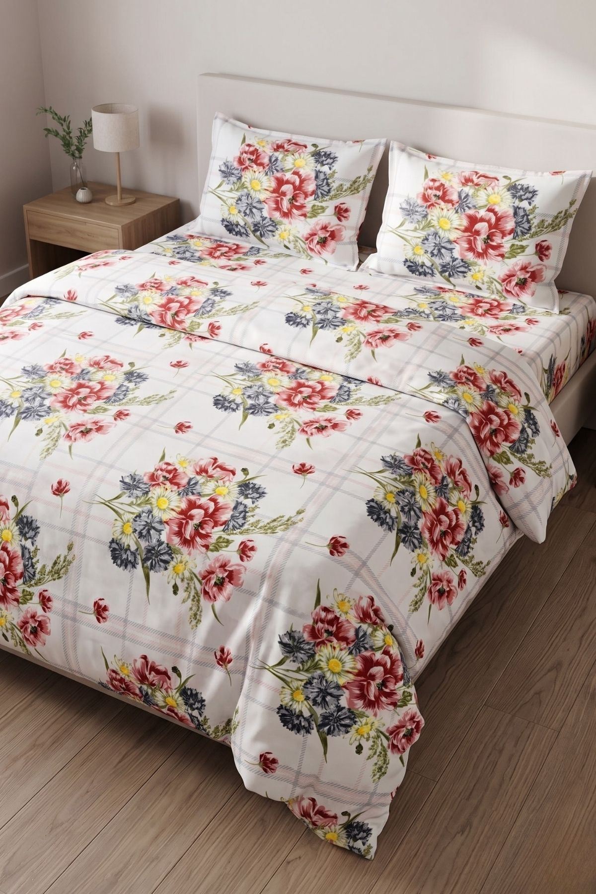 %100 Pamuk Kumaş Yeni Buket Desen Çift Kişilik Nevresim Takımı Kırmızı