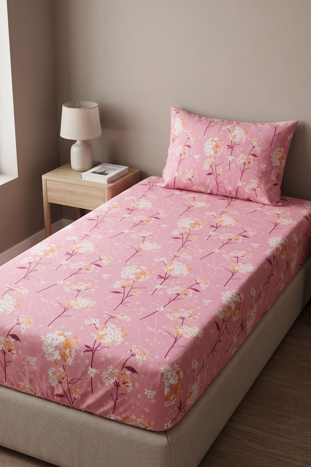 Tek Kişilik Pamuklu Ranforce Kumaş Lastikli Çarşaf Takımı Papatya Pembe