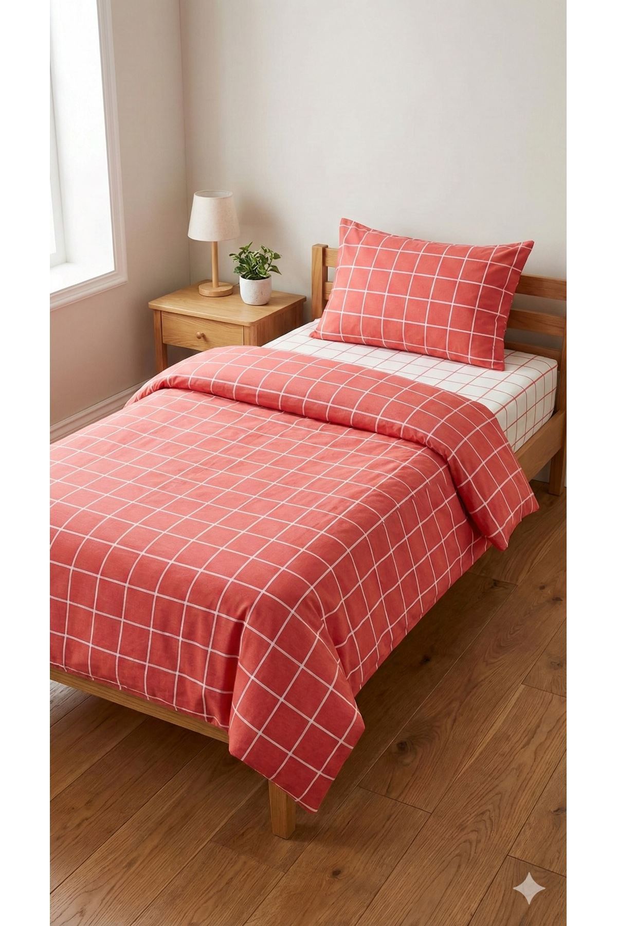 120 x 200 Yataklar İçin Kareli Pamuklu Nevresim Takımı Kırmızı Çarşafı Beyaz