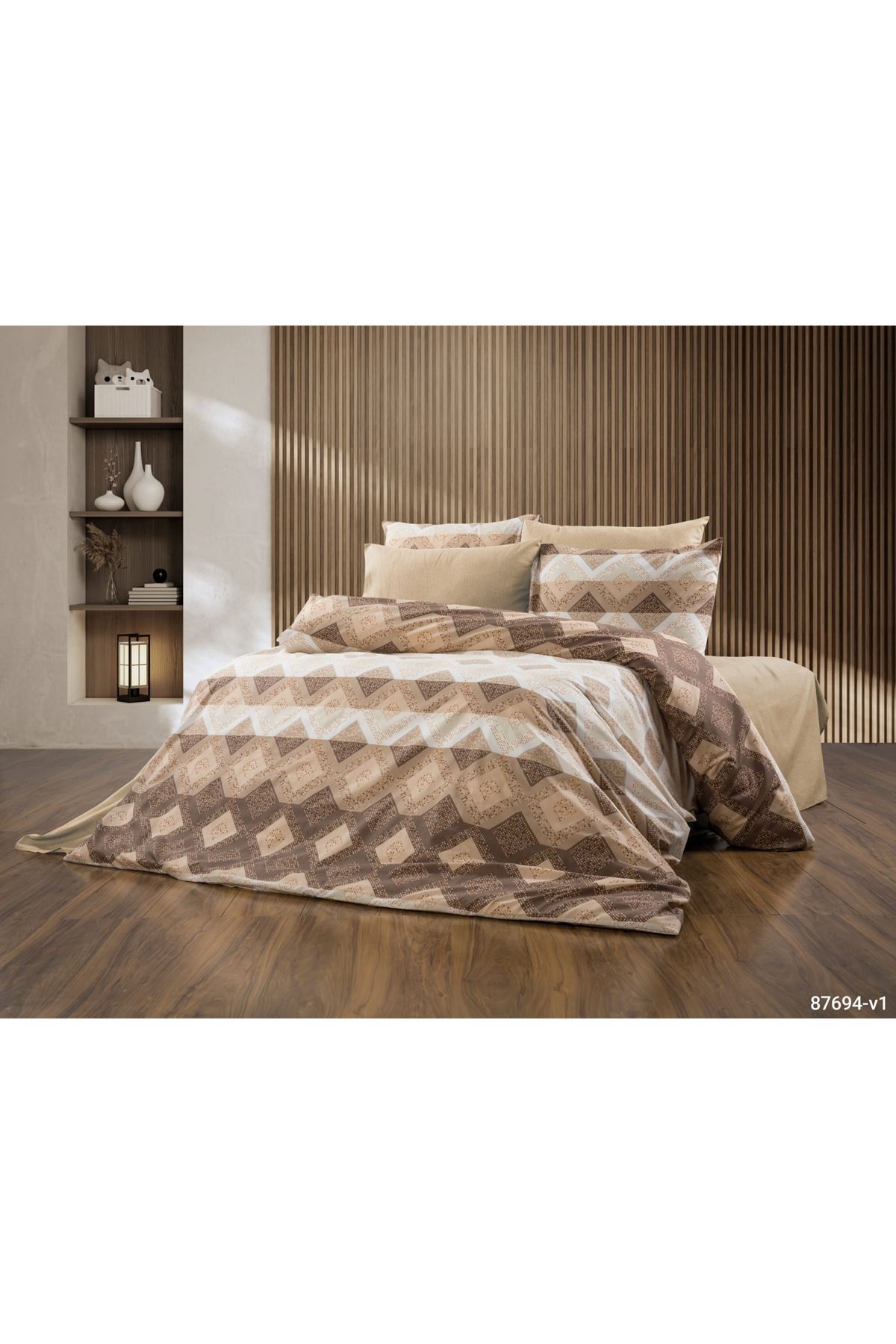 120 x 200 Yataklar İçin Pamuklu Kumaş Piramit Desen Nevresim Takımı Kahverengi