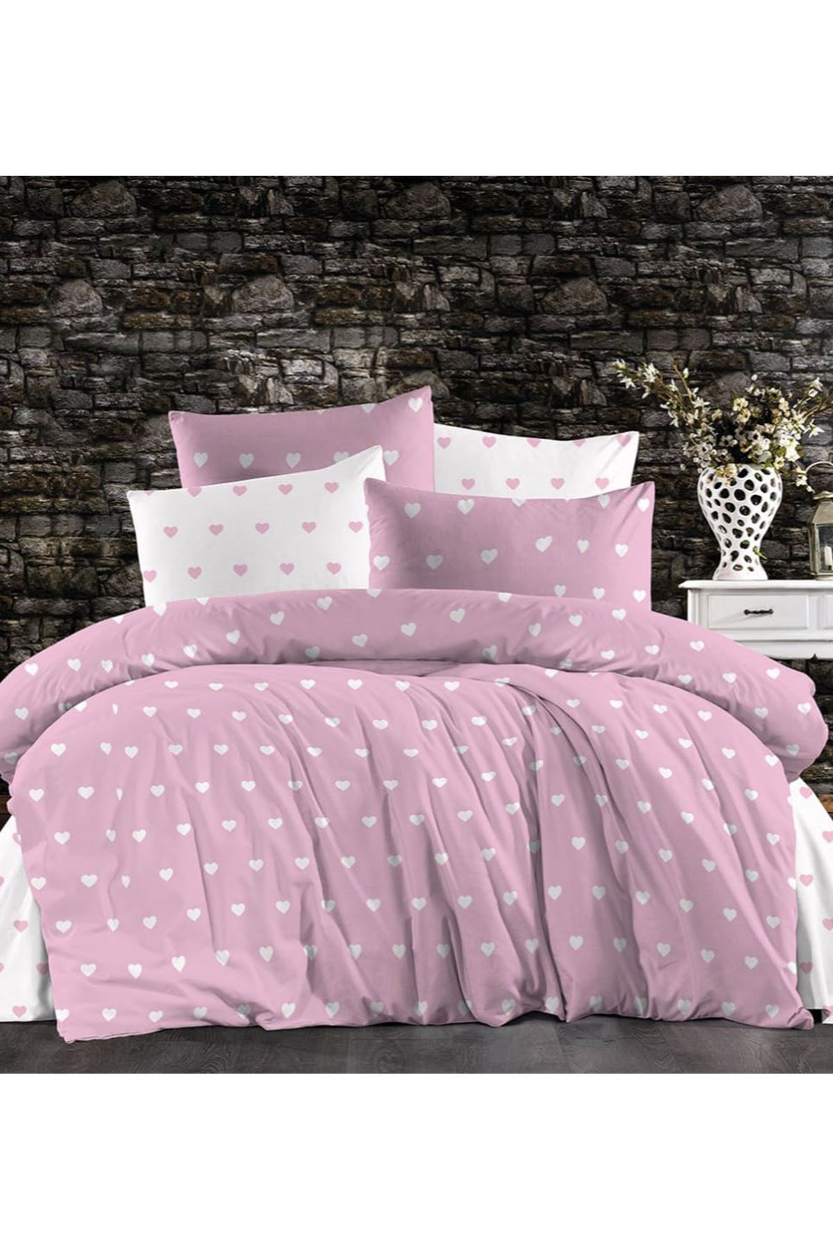 120 x 200 Yataklar İçin Pamuklu Ranforce Kumaş Nevresim Takımı Pembe Kalp