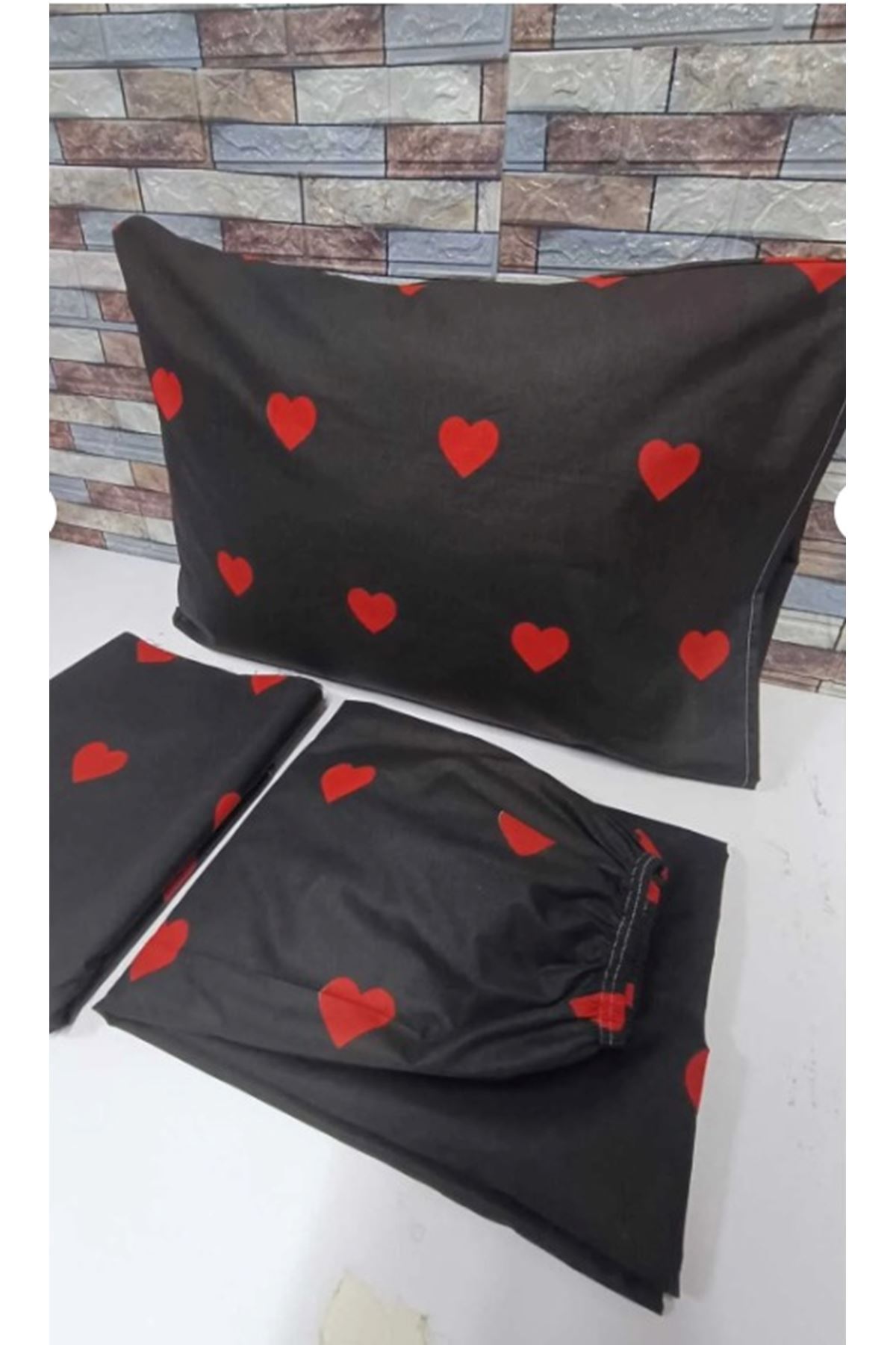 120 x 200 Yataklar İçin Pamuklu Kalp Desen Nevresim Takımı Siyah
