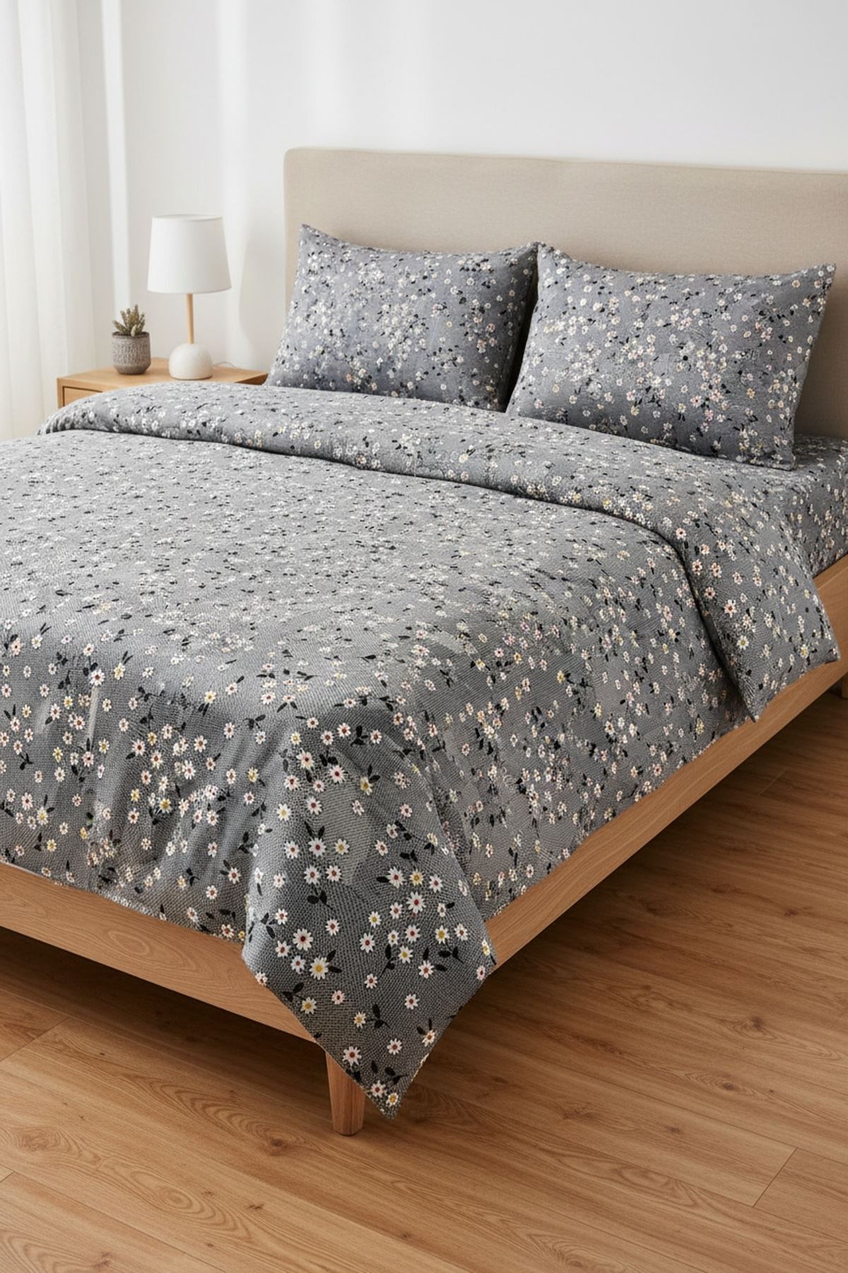 120 x 200 Yataklar İçin Pamuklu Kumaş Yeni Papatya Desen Nevresim Takımı Gri