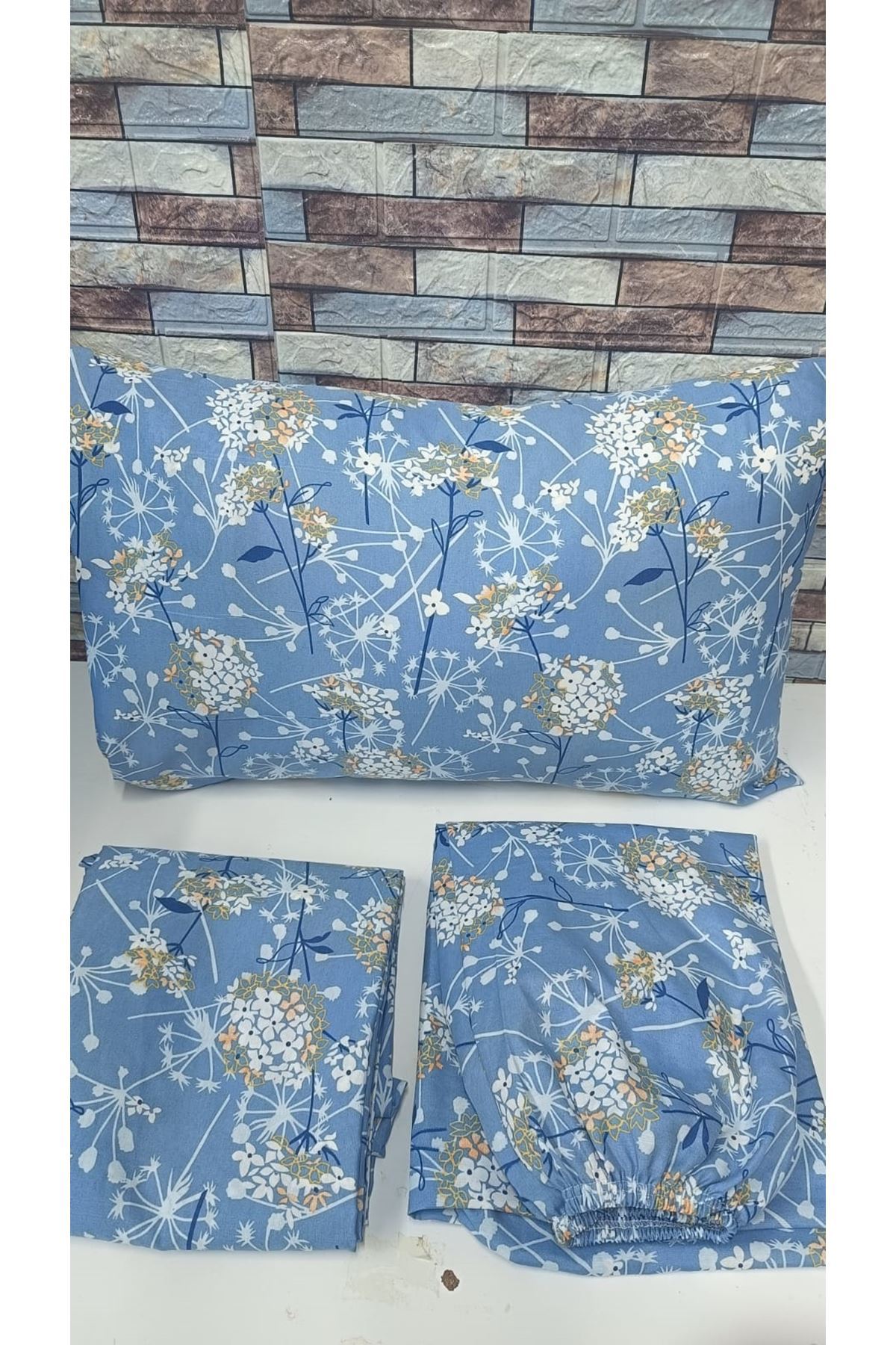 120 x 200 Yataklar İçin Pamuklu Ranforce Kumaş Nevresim Takımı Papatya Mavi