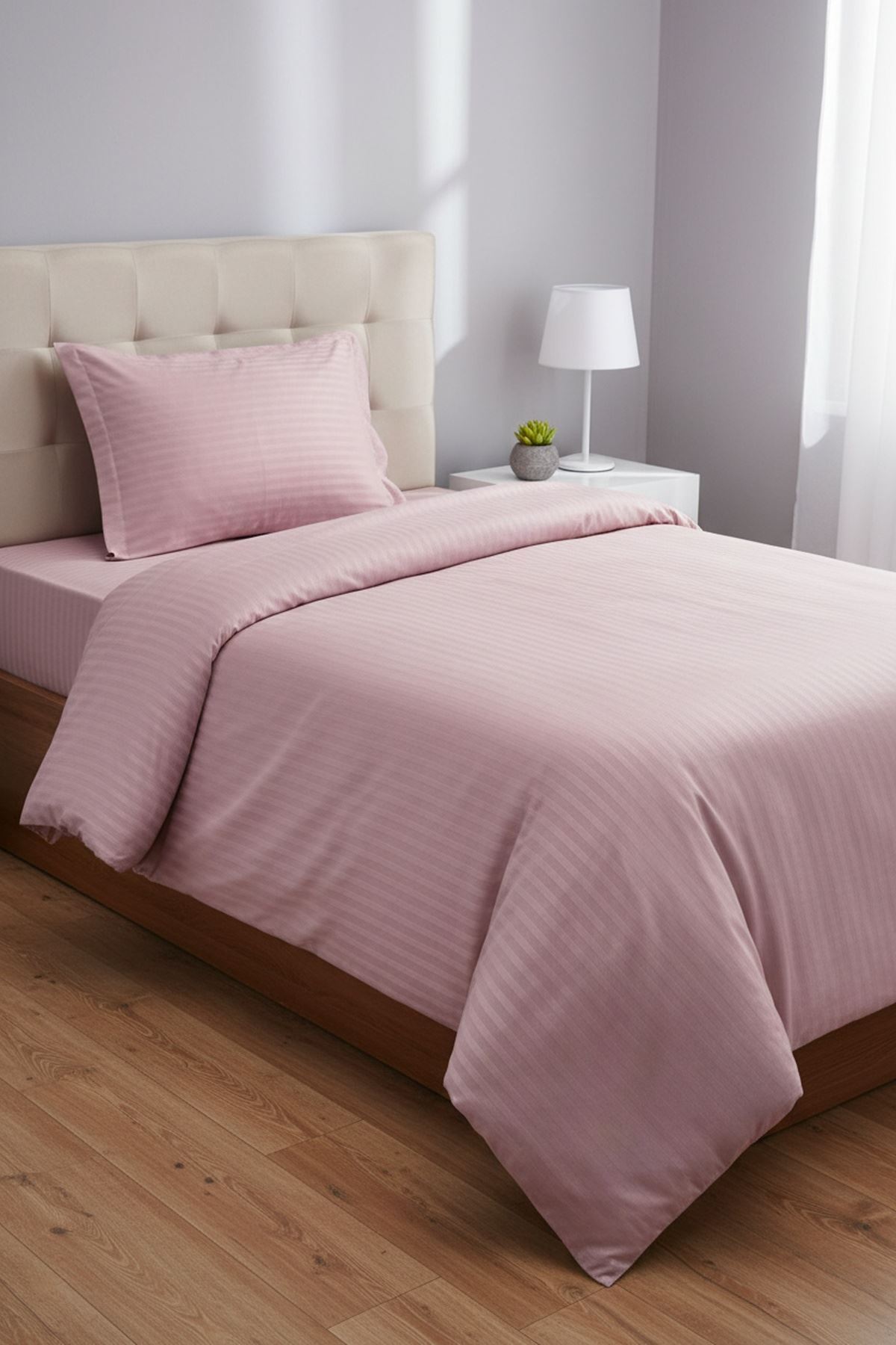120 x 200 Yataklar İçin Çizgili Pamuk Saten Nevresim Takımı Pudra