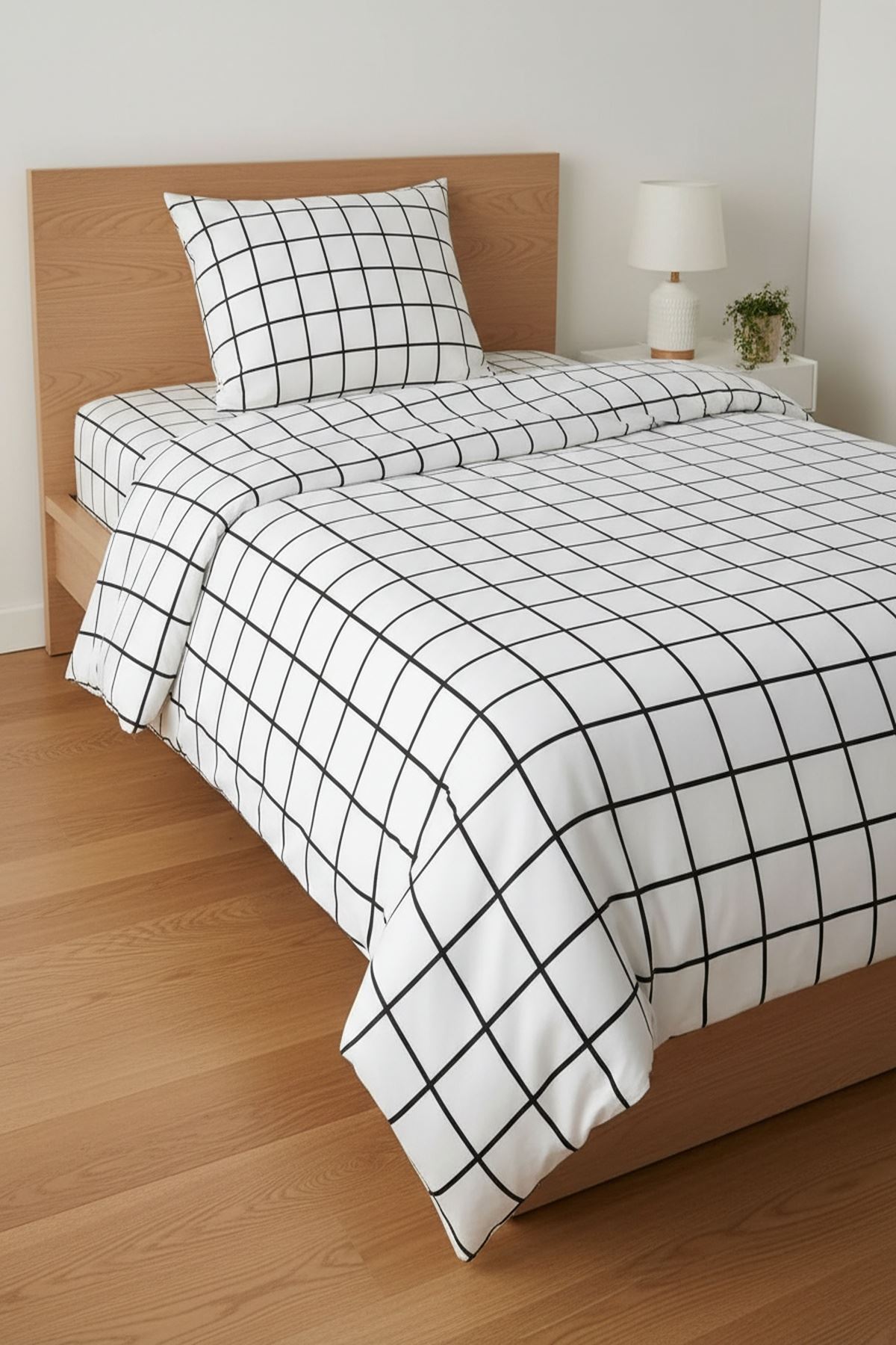 120 x 200 Yataklar İçin Beyaz Kareli Nevresim Takımı Lastikli Çarşaflı Nevresim Takımı Beyaz