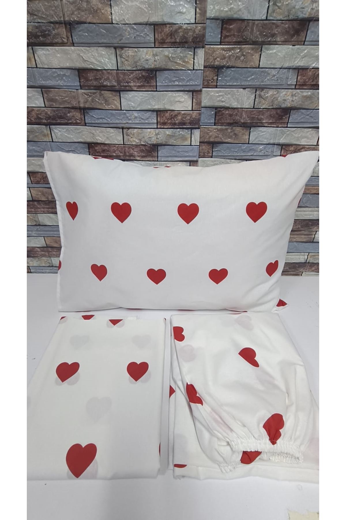 120 x 200 Yataklar İçin Pamuklu Kalp Desen Nevresim Takımı Beyaz Kırmızı