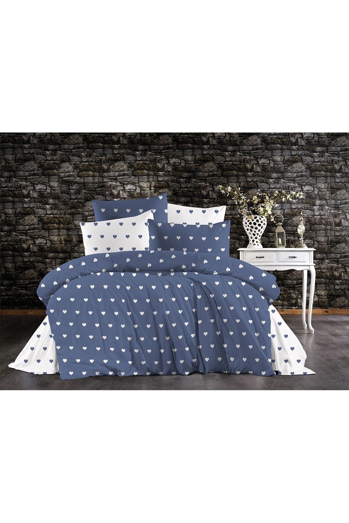 120 x 200 Yataklar İçin Pamuklu Kalp Desen Nevresim Takımı Mavi