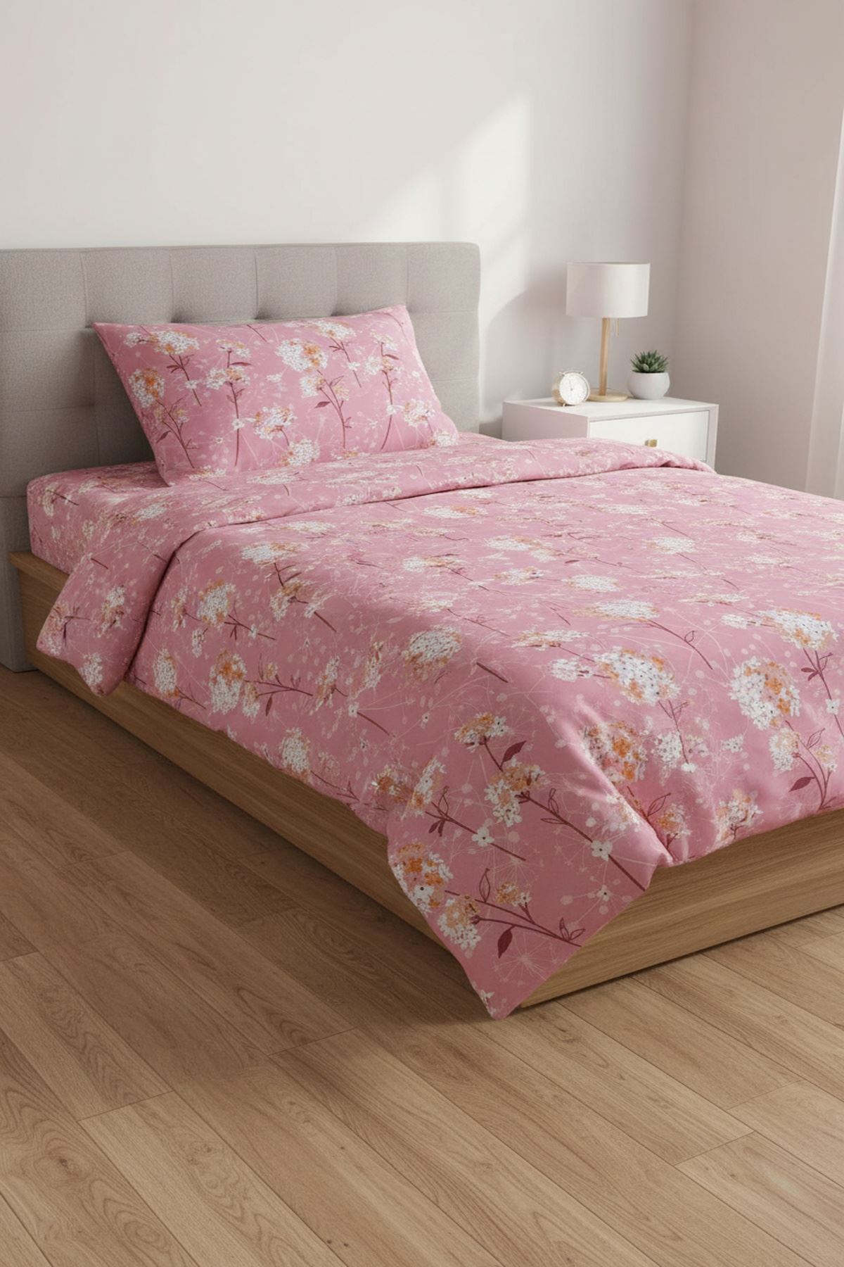 120 x 200 Yataklar İçin Pamuklu Ranforce Kumaş Nevresim Takımı Papatya Pembe