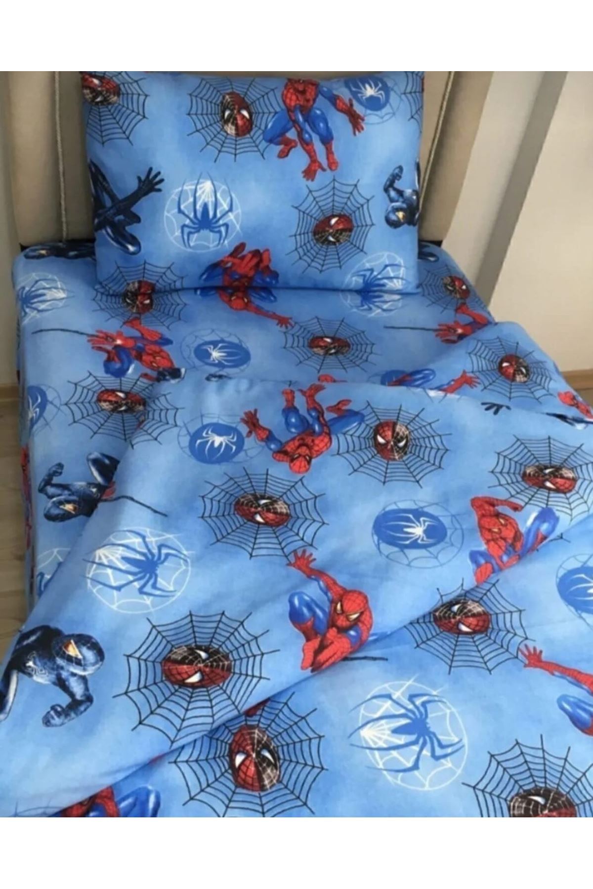 120 x 200 Yataklar İçin Örümcek Adam Pamuklu Nevresim Tk. (Spiderman) Mavi