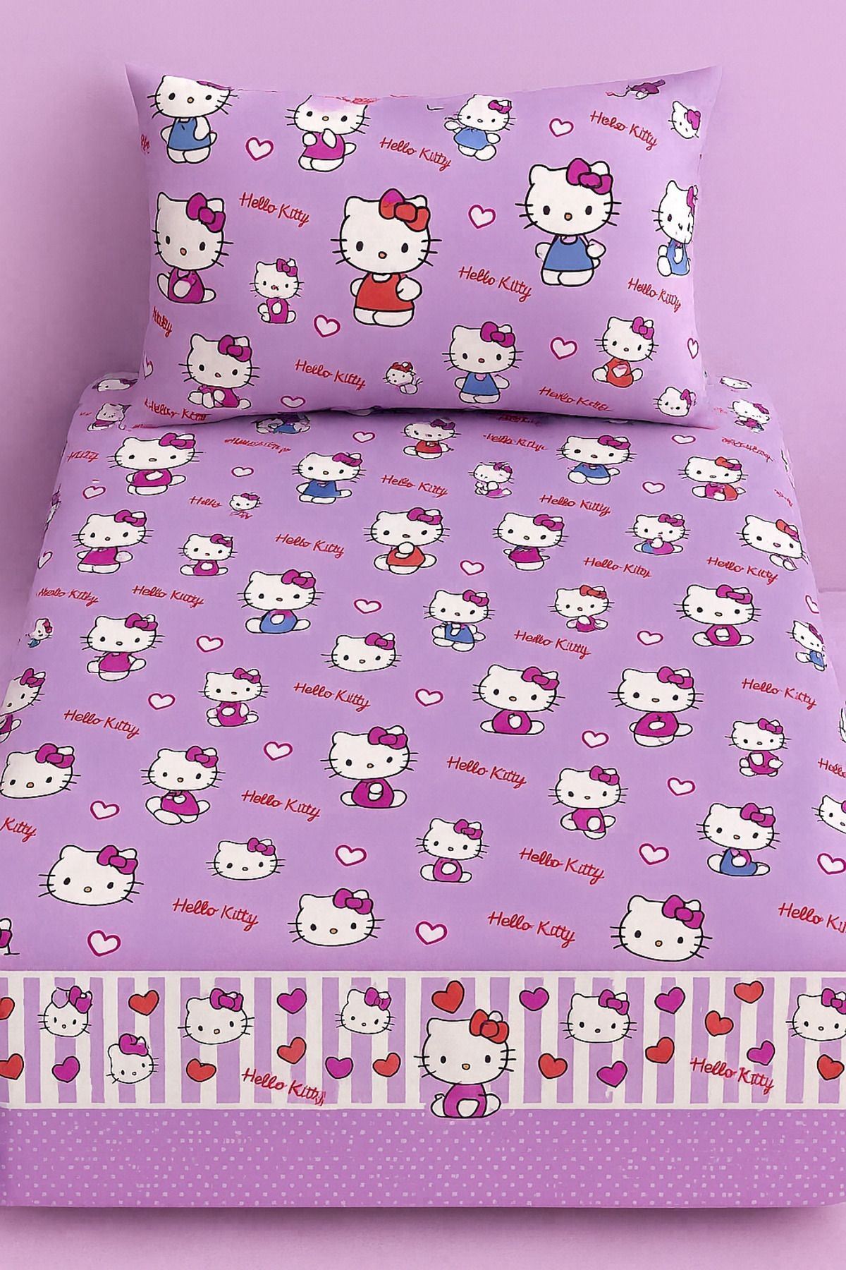 120 x 200 Yataklar İçin Hello Kitty Pamuklu Kumaş Nevresim Takımı Lila