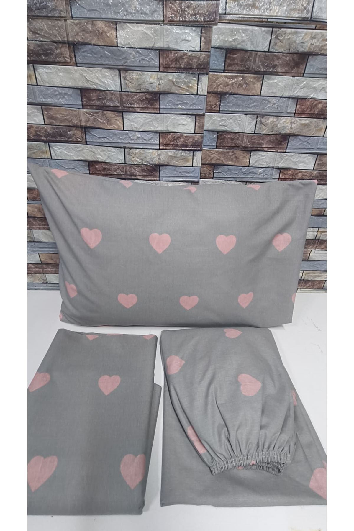 120 x 200 Yataklar İçin Pamuklu Kalp Desen Nevresim Takımı Gri