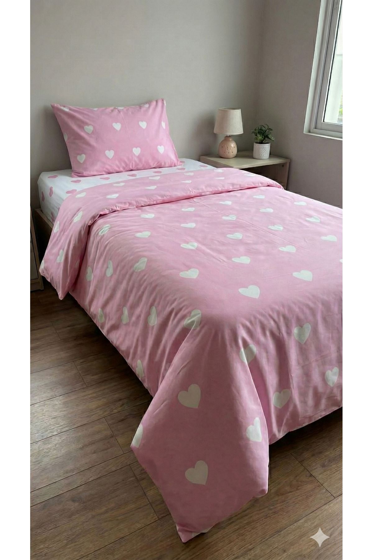 120 x 200 Yataklar İçin Pamuklu Kalp Desen Nevresim Takımı Pembe