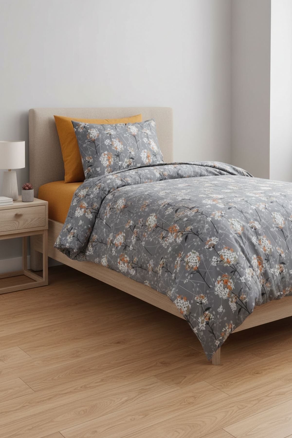 120 x 200 Yataklar İçin Pamuklu Ranforce Kumaş Nevresim Takımı Papatya Gri