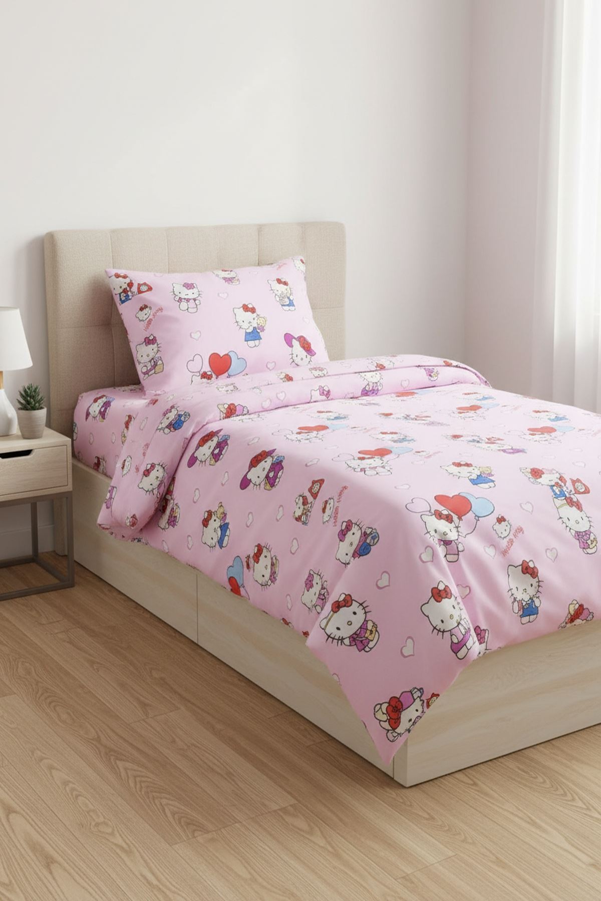 120 x 200 Yataklar İçin Hello Kitty Pamuklu Kumaş Nevresim Takımı Pembe