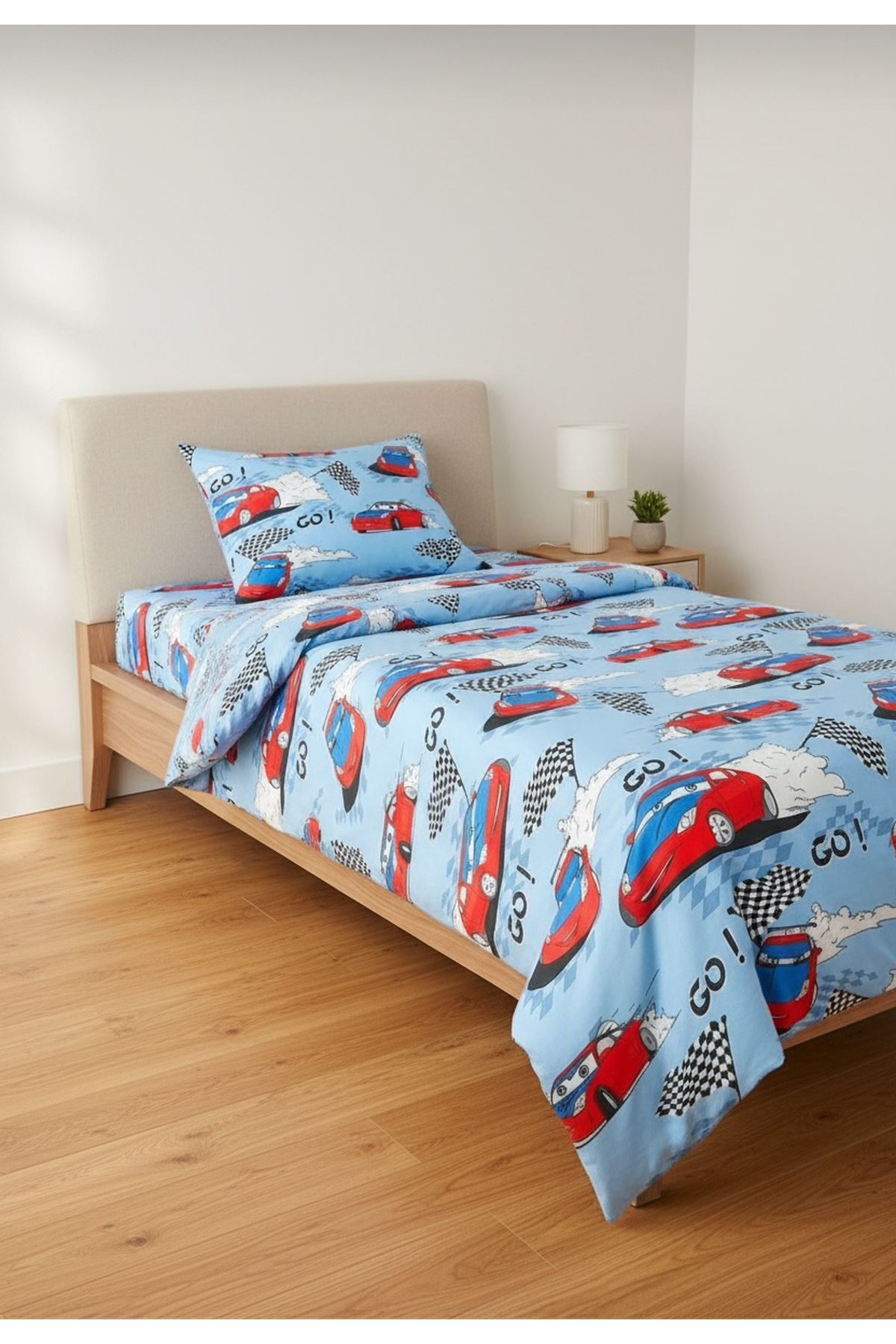 120 x 200 Yataklar İçin Arabalı Çocuk Pamuklu Nevresim Takımı Mavi