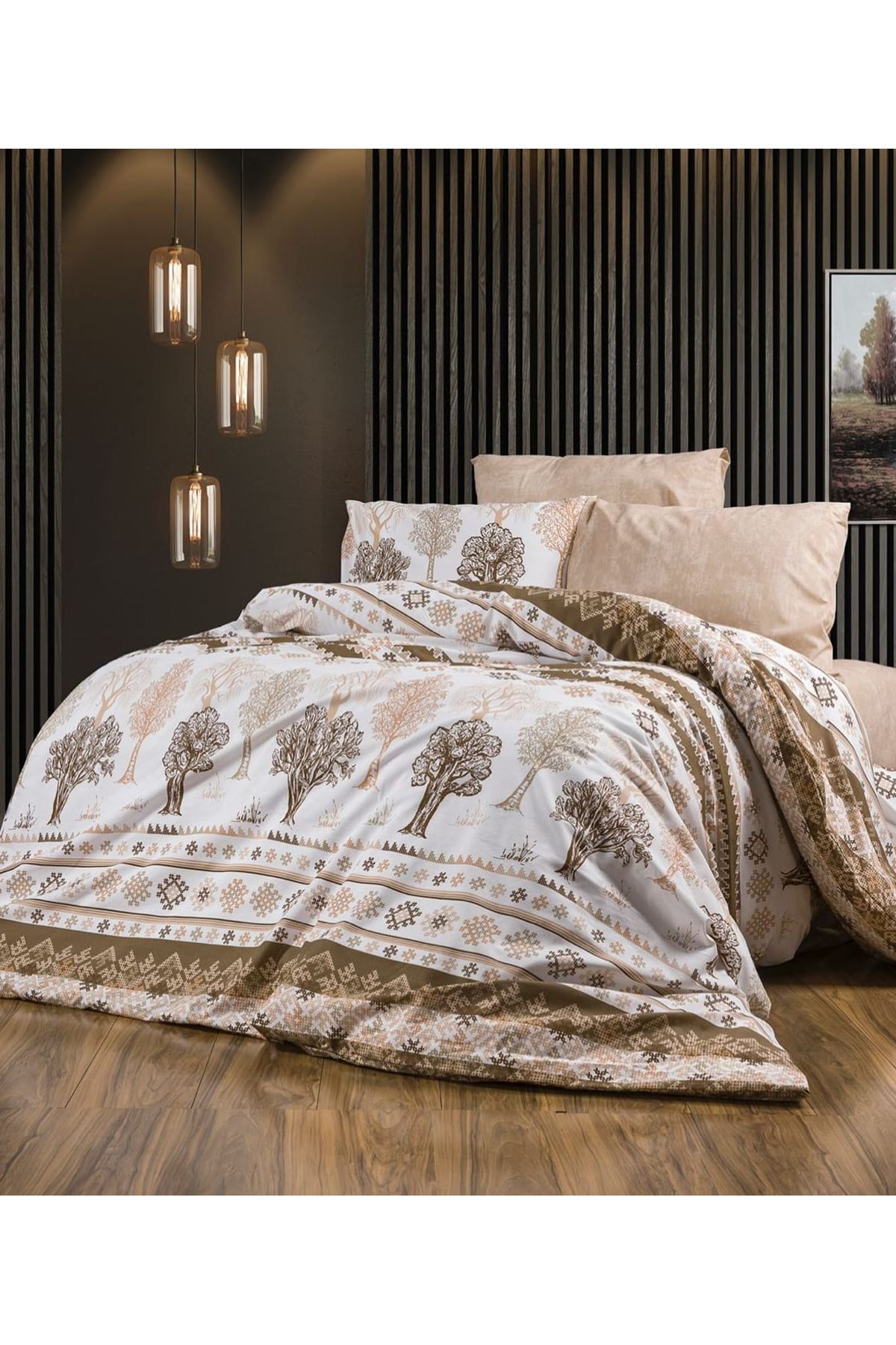 120 x 200 Yataklar İçin Pamuklu Ağaç Desen Nevresim Takımı  Kahverengi