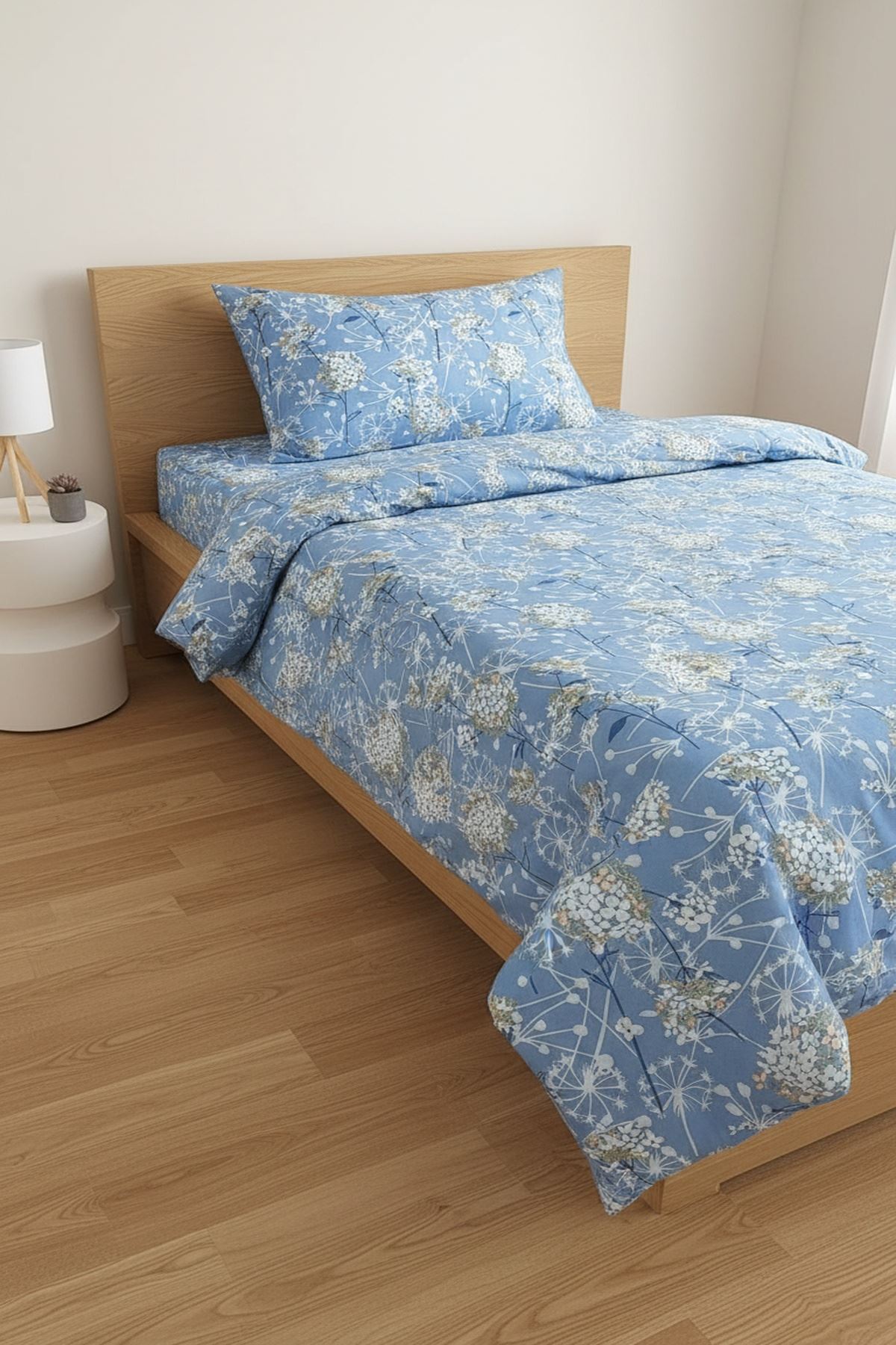 120 x 200 Yataklar İçin Pamuklu Ranforce Kumaş Nevresim Takımı Papatya Mavi