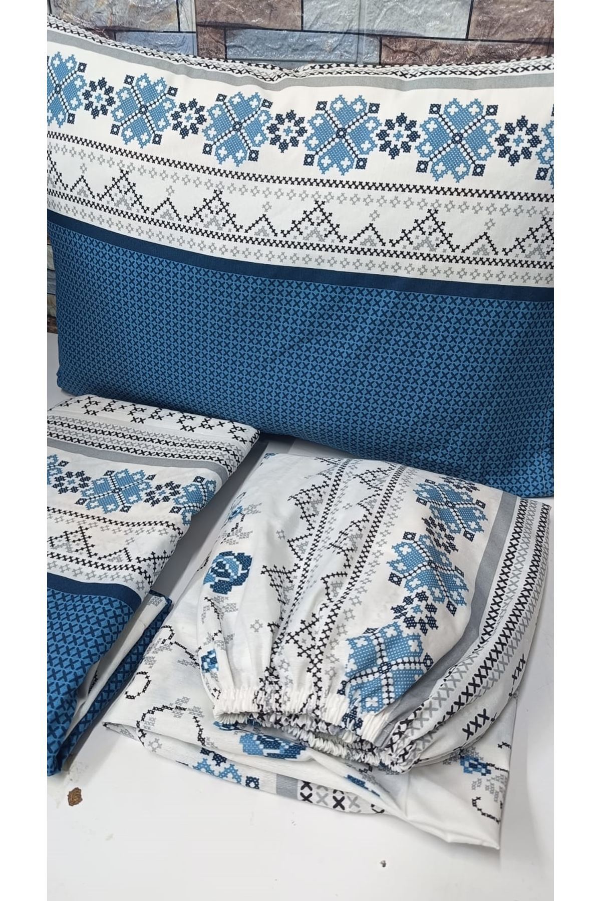 120 x 200 Yataklar İçin Kanaviçe Desen Pamuklu Nevresim Takımı Turkuaz