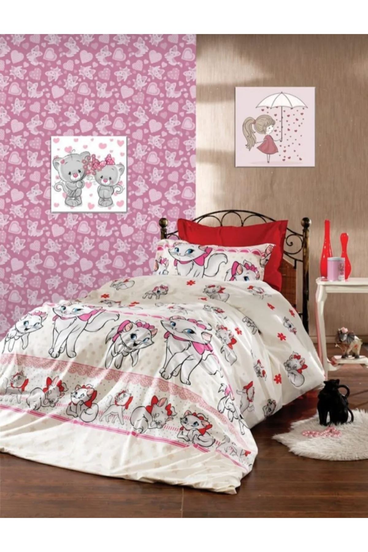 120 x 200 Yataklar İçin Kedi Desen Nevresim Takımı Kırmızı