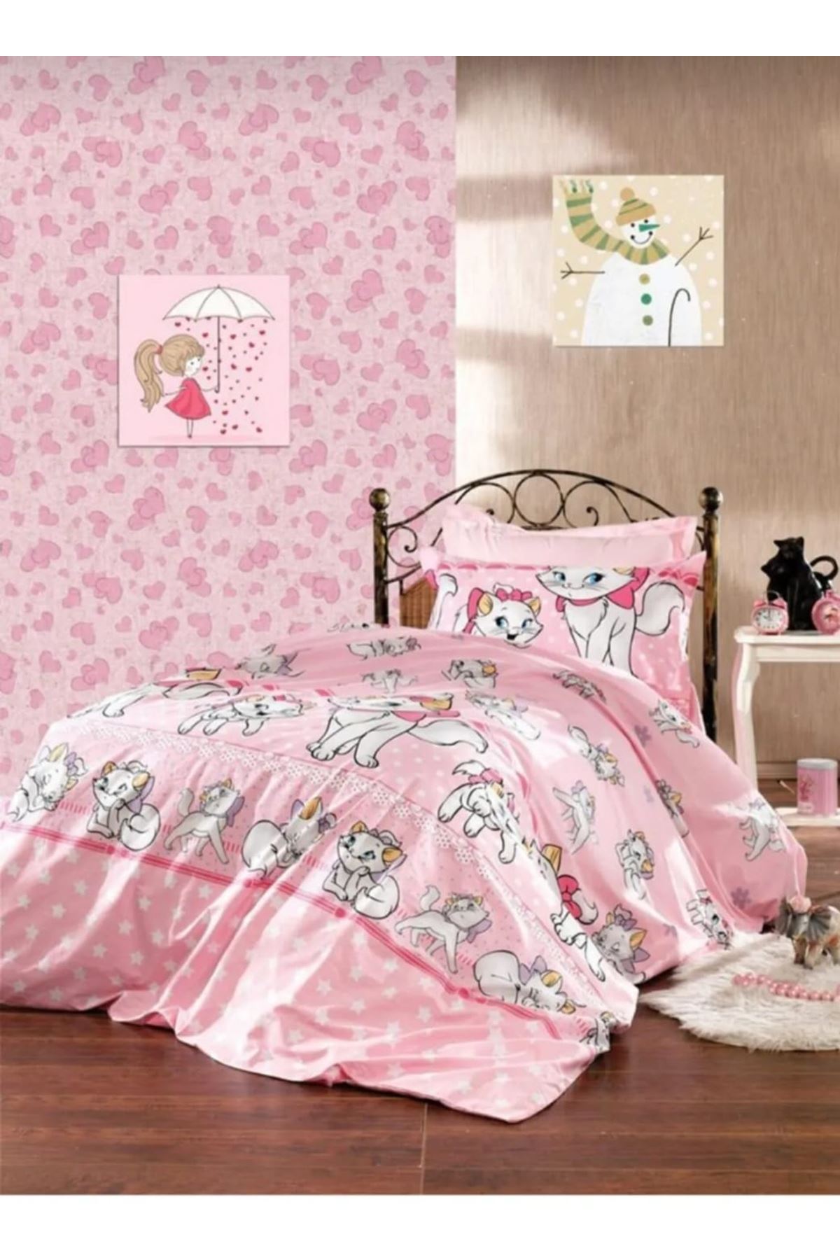 120 x 200 Yataklar İçin Kedi Desen Nevresim Takımı Pembe