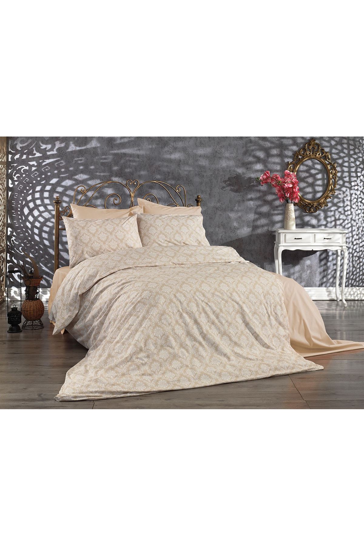 120 x 200 Yataklar İçin Pamuklu Nevresim Takımı ( Şal-Damaks Desen ) Somon