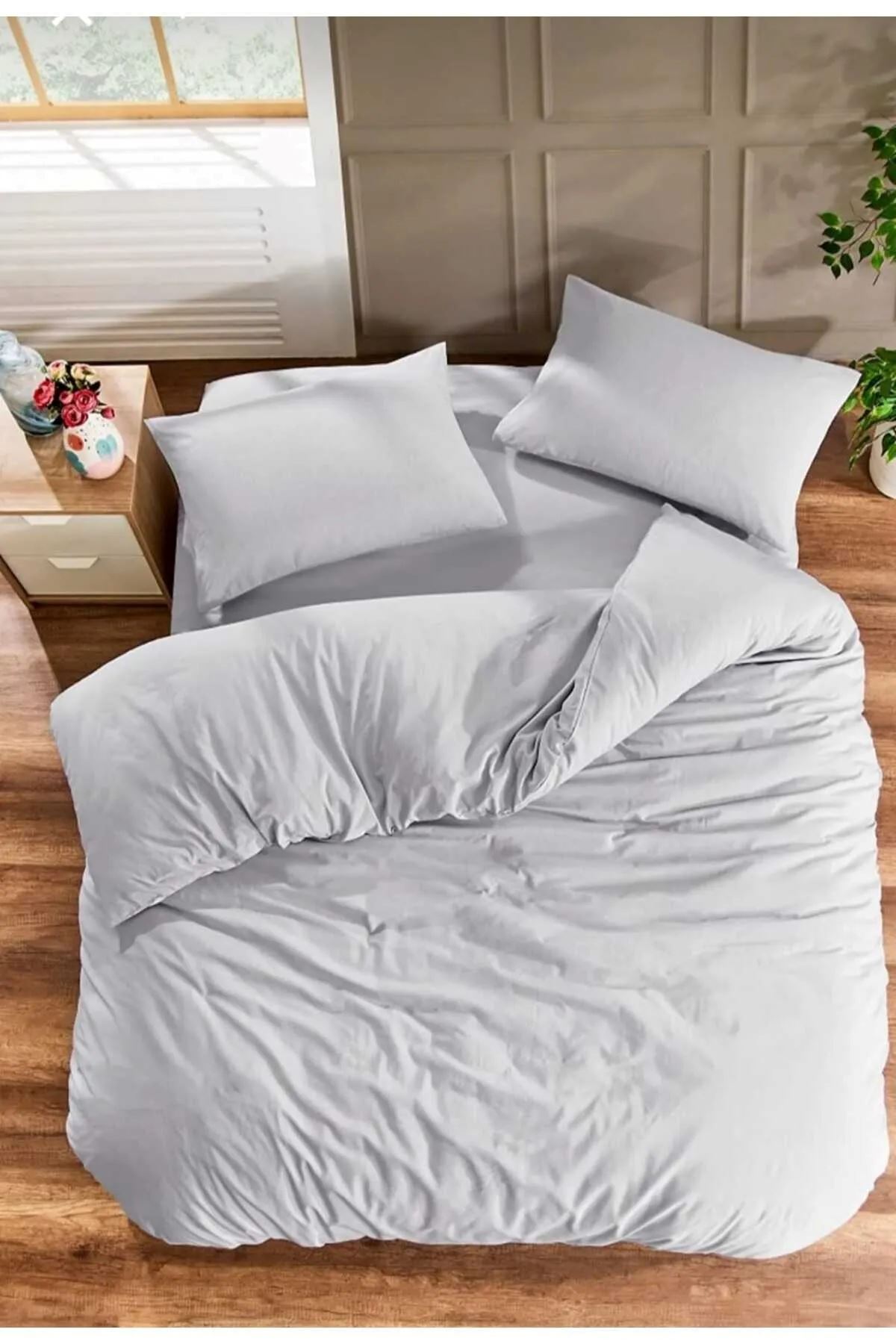 120 x 200 Yataklar İçin Pamuklu Nevresim Takımı Düz Renk Gri